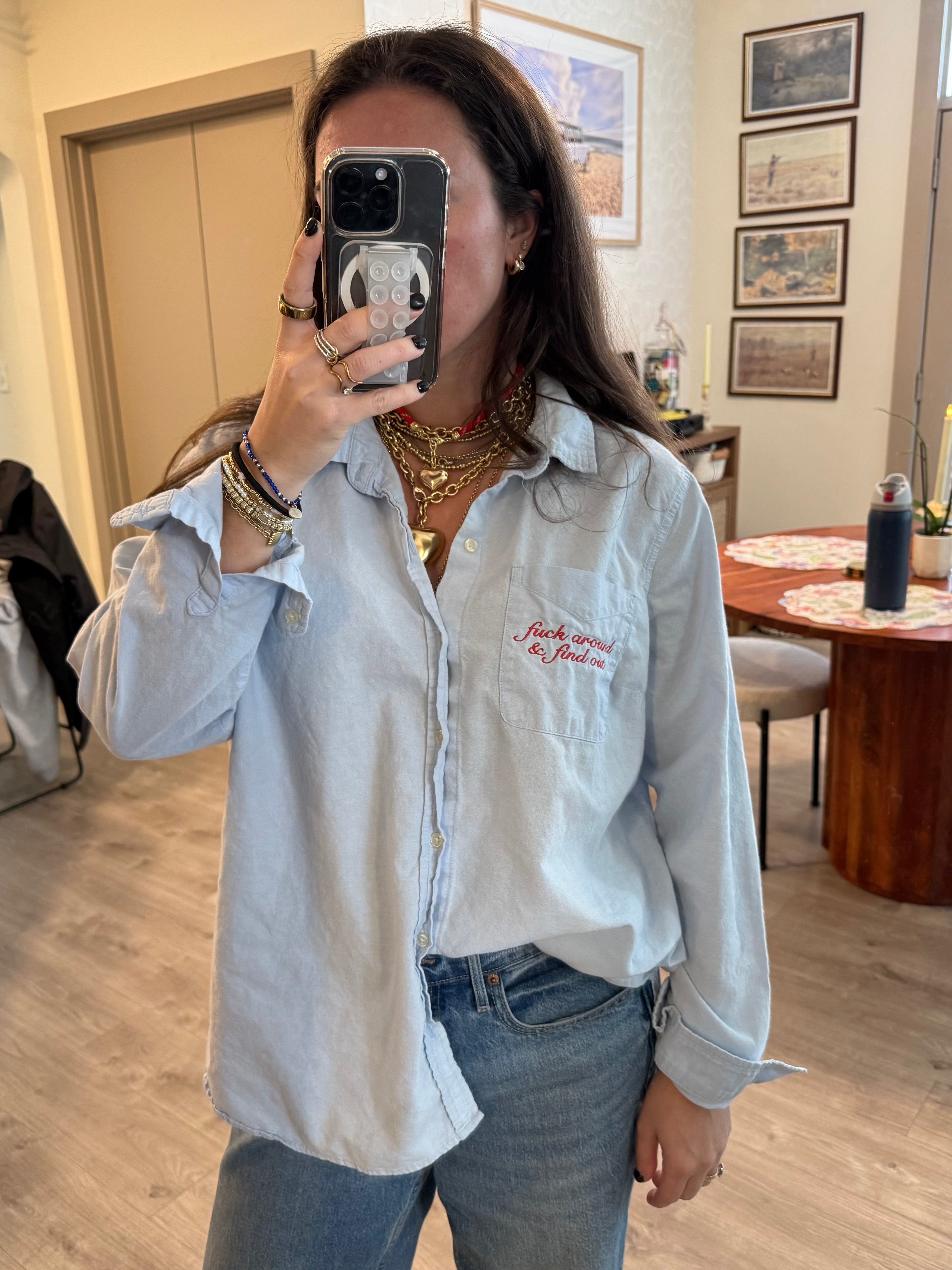 "Fuck Around & Find Out" Button Down - Blue & Red