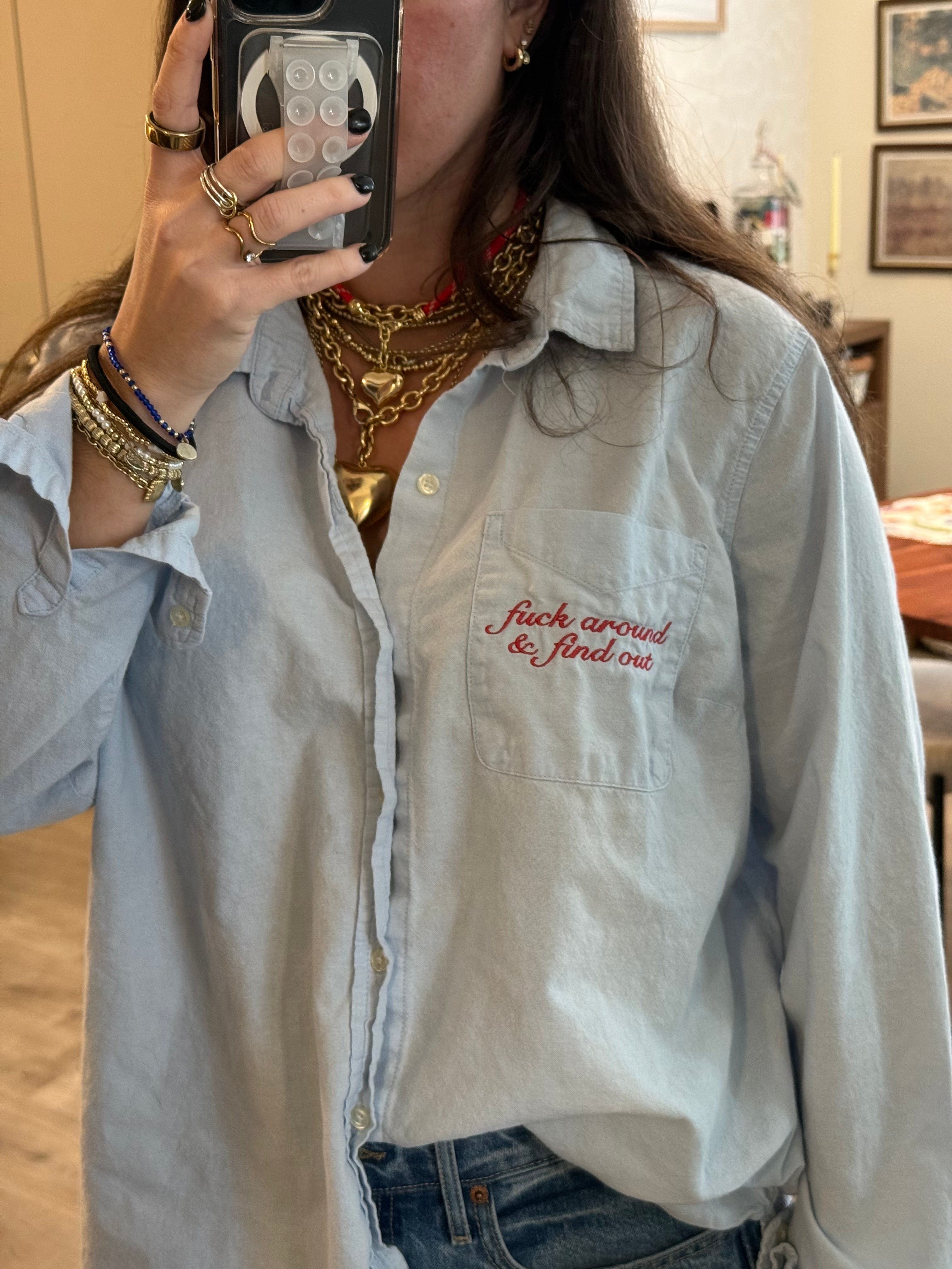 "Fuck Around & Find Out" Button Down - Blue & Red