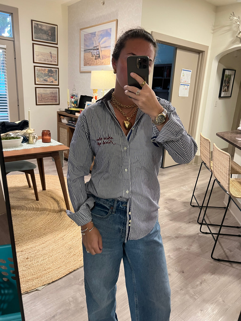 STFU Button Down - Navy Stripes & Burgundy - Size M