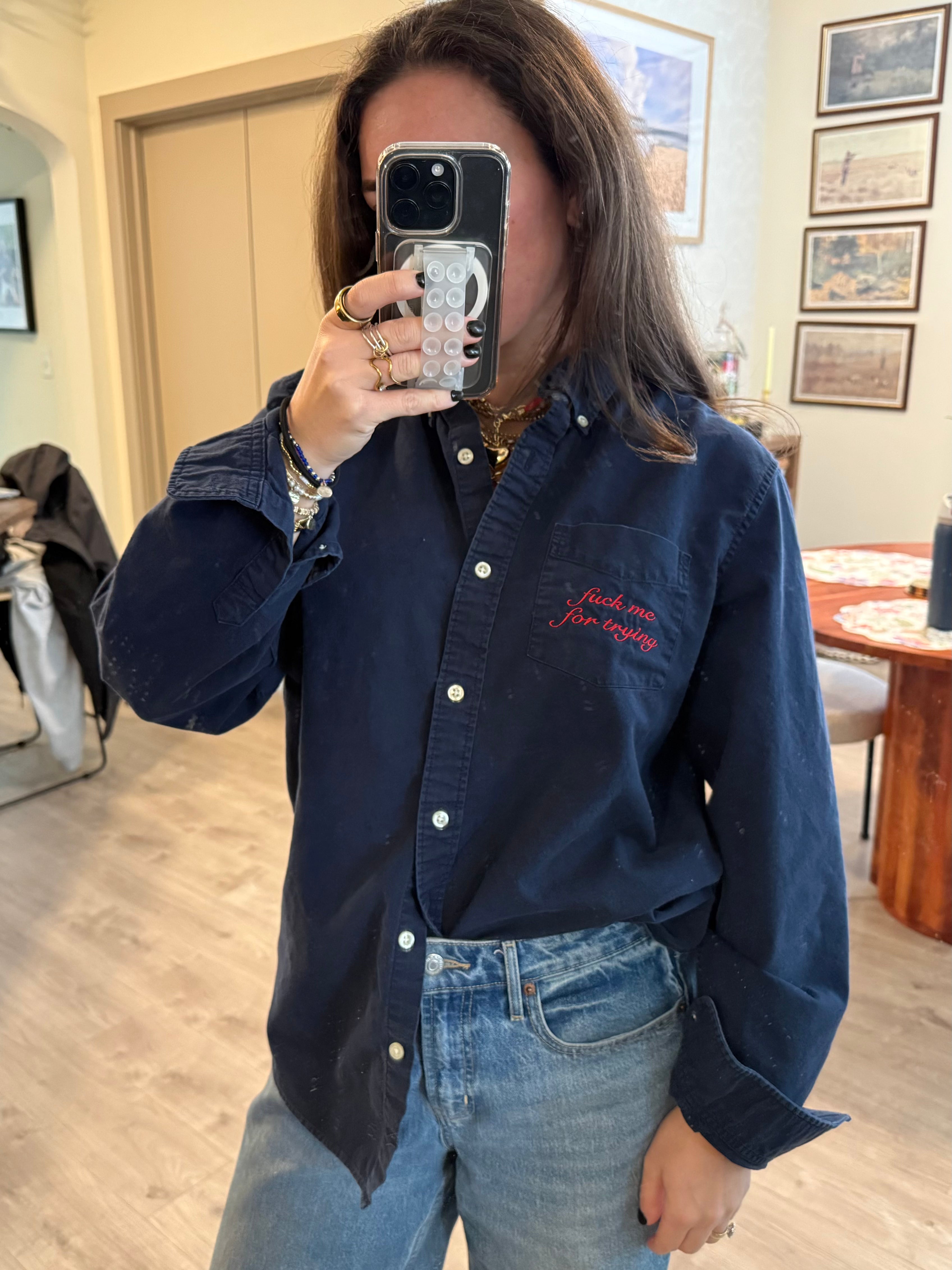 "Fuck Me For Trying" Button Down - Navy & Red