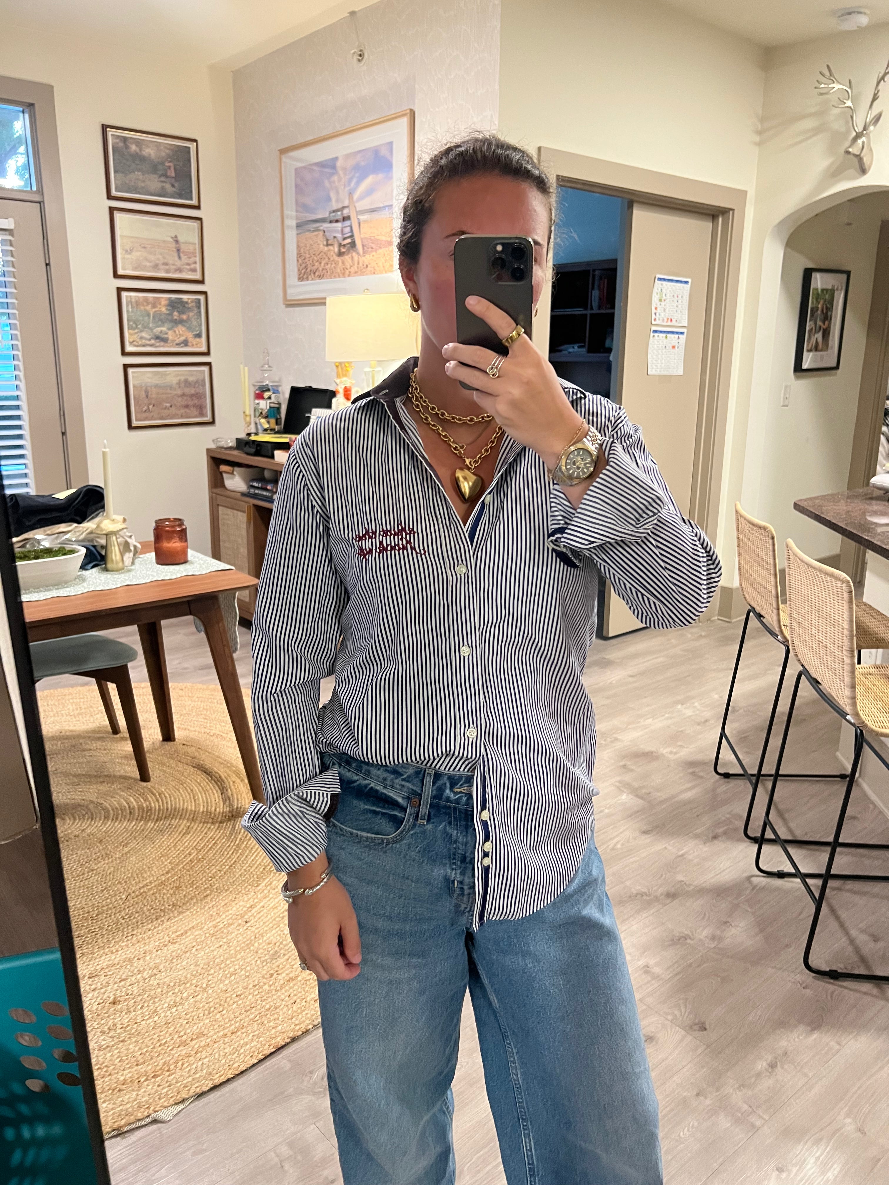 STFU Button Down - Navy Stripes & Burgundy - Size M