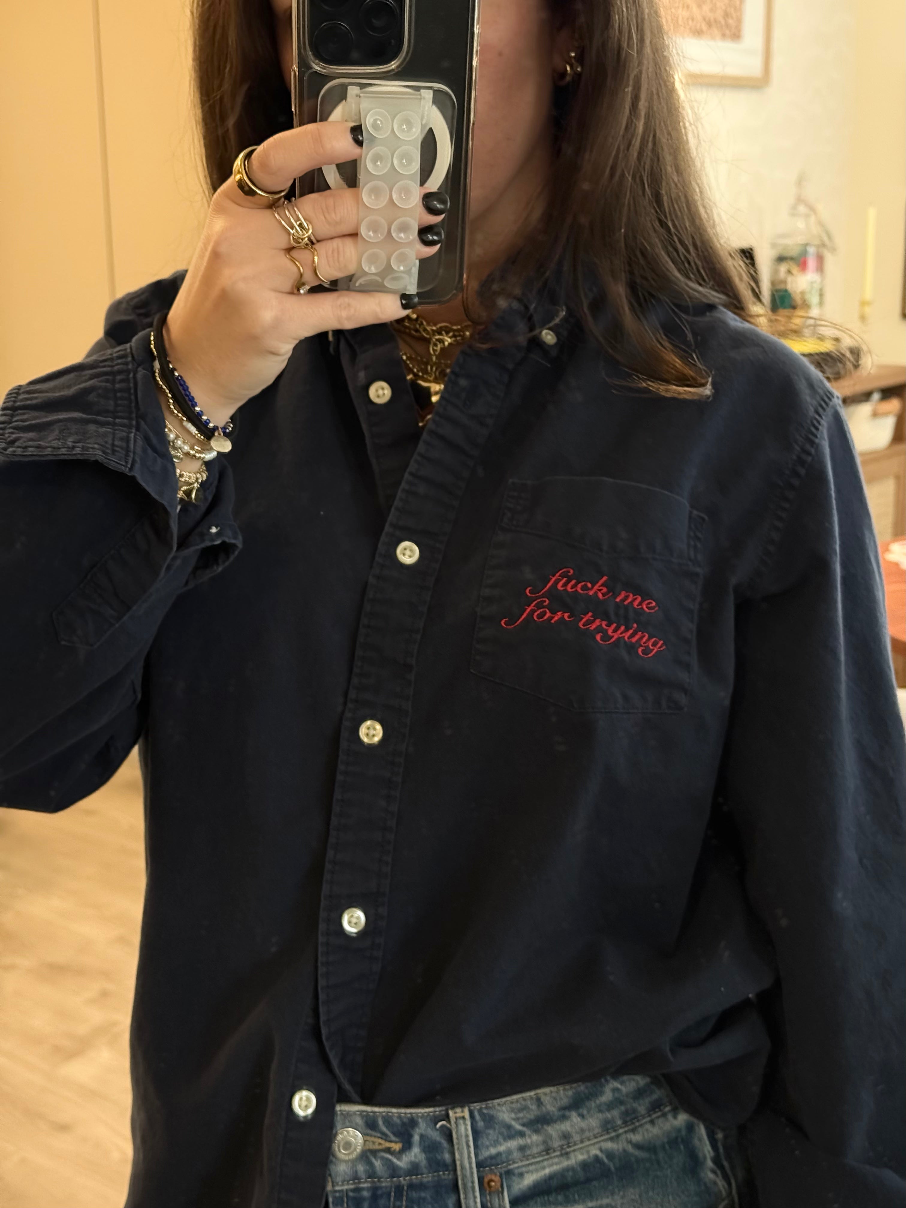 "Fuck Me For Trying" Button Down - Navy & Red