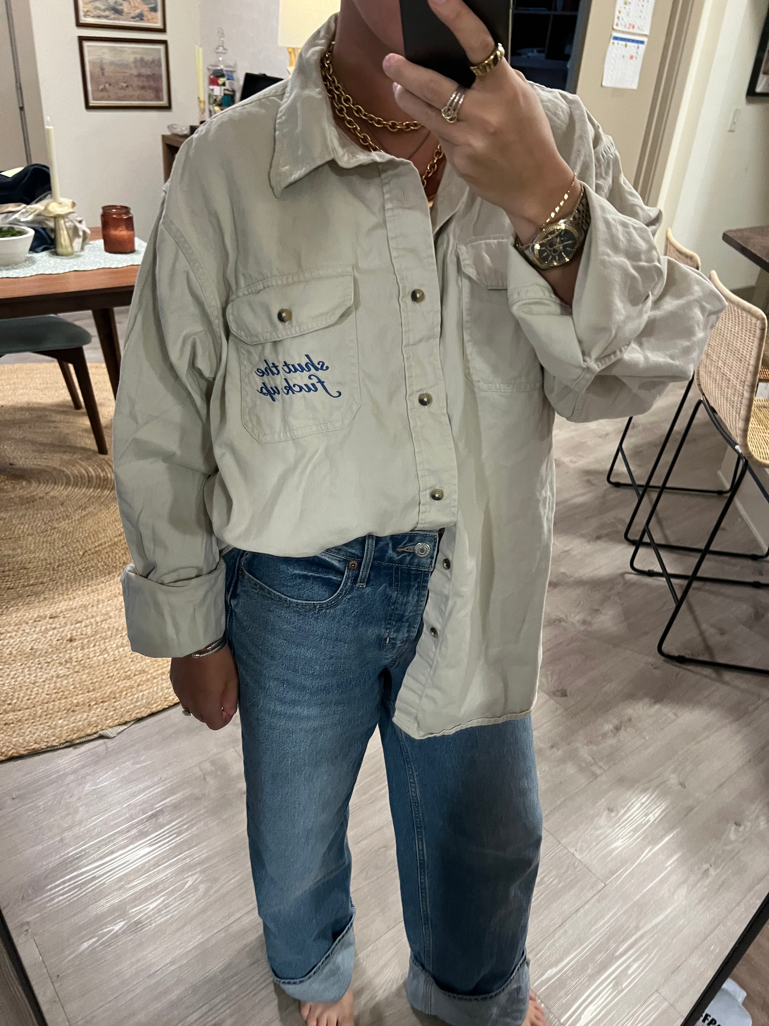 STFU Button Down - Khaki & Blue - Size XL