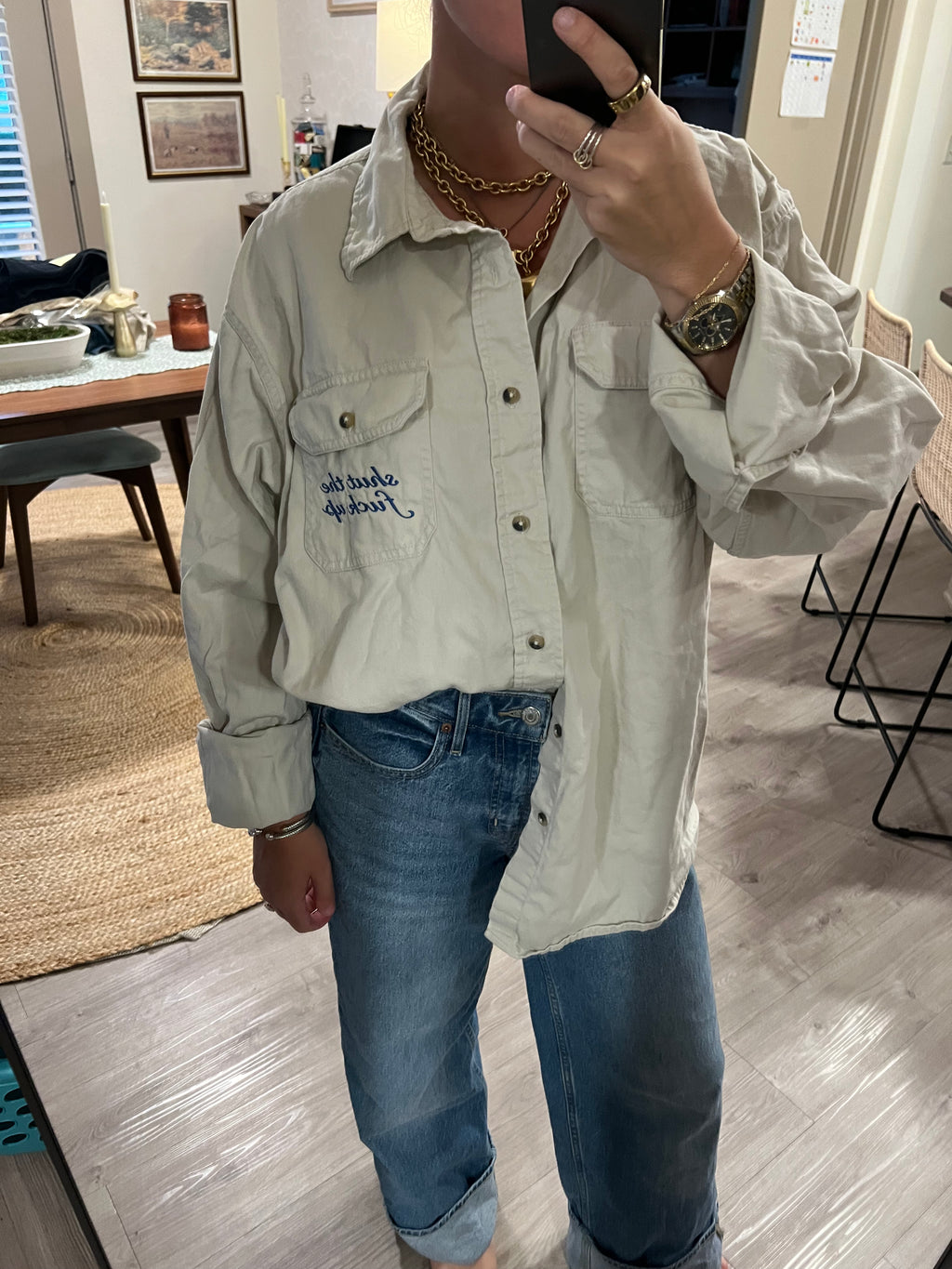 STFU Button Down - Khaki & Blue - Size XL