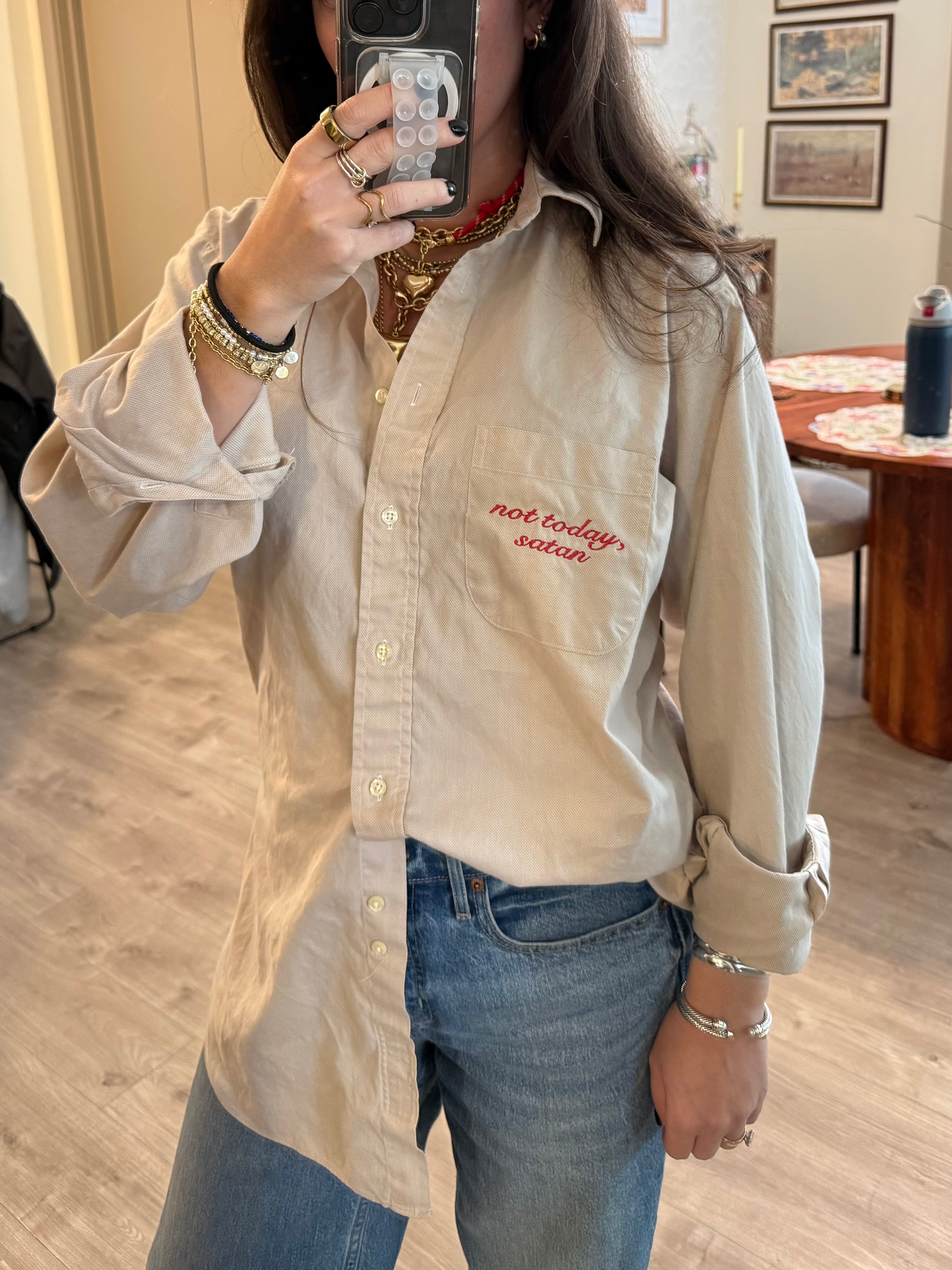 "Not Today, Satan" Button Down - Beige & Red