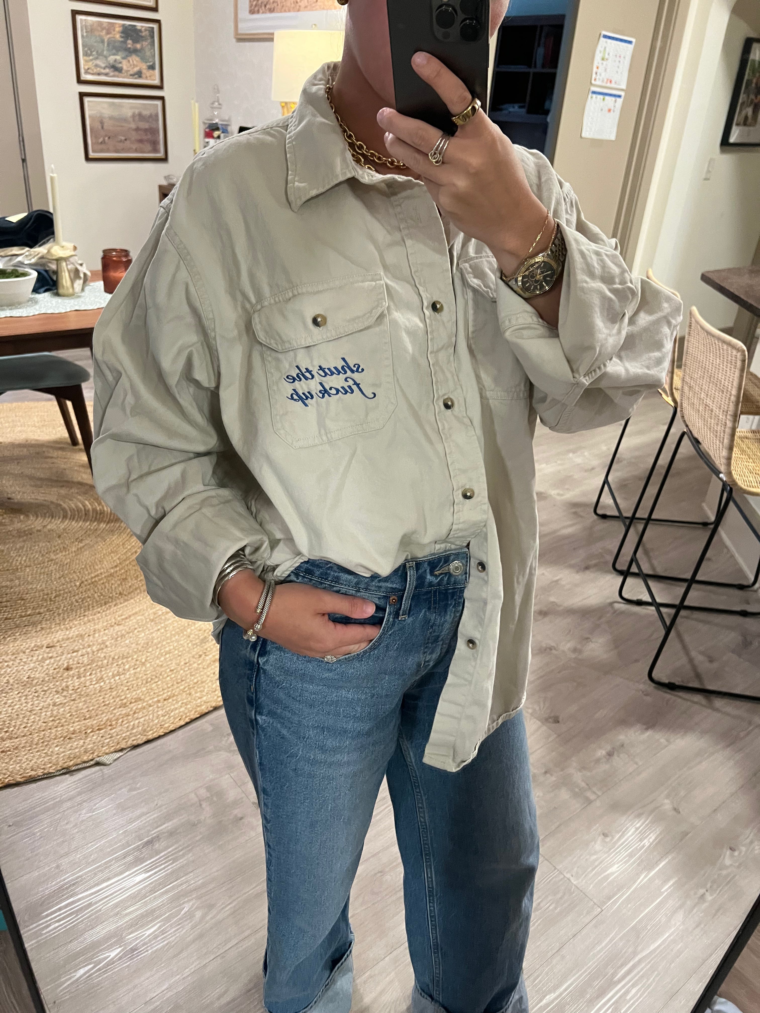 STFU Button Down - Khaki & Blue - Size XL