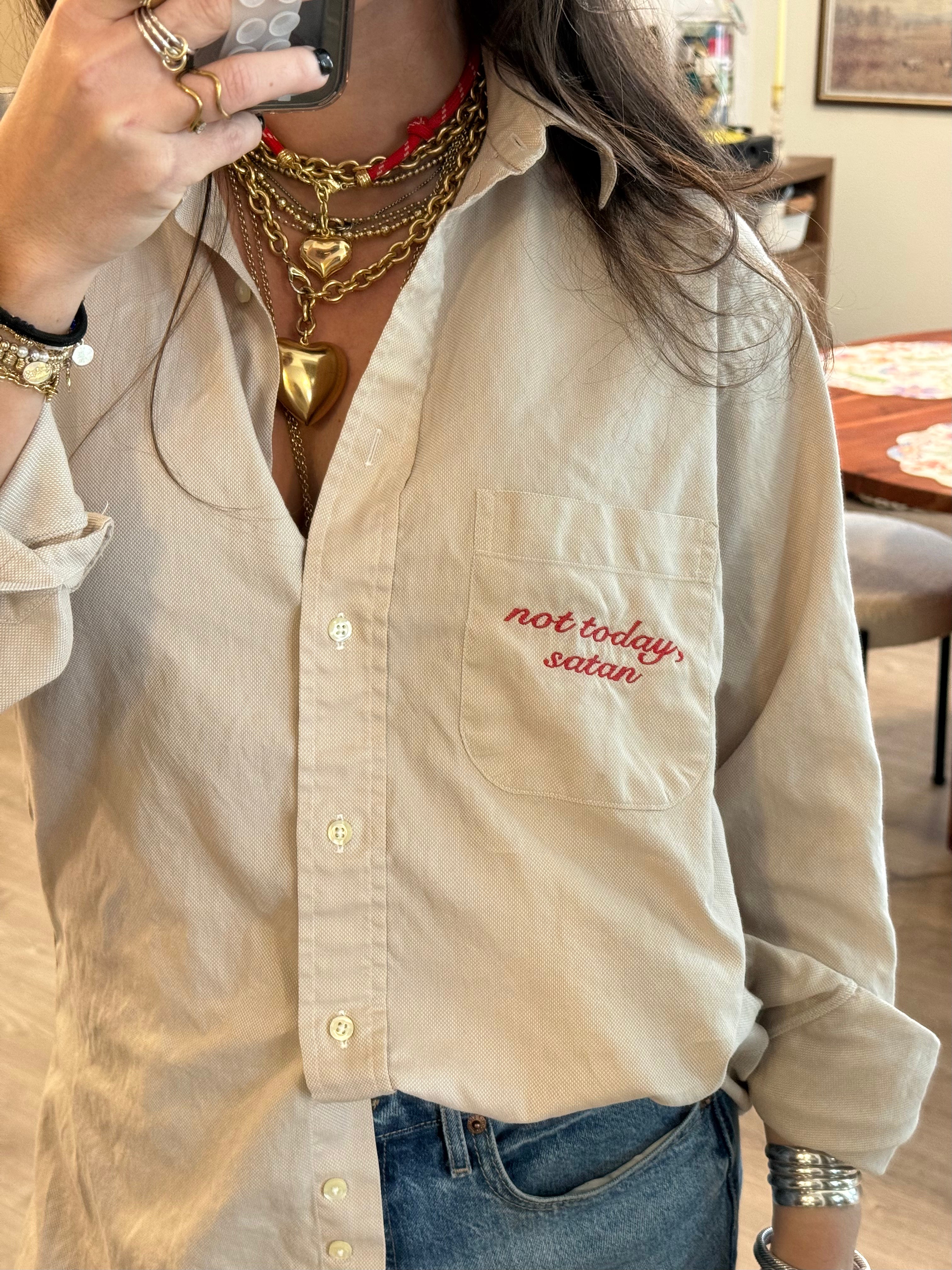 "Not Today, Satan" Button Down - Beige & Red