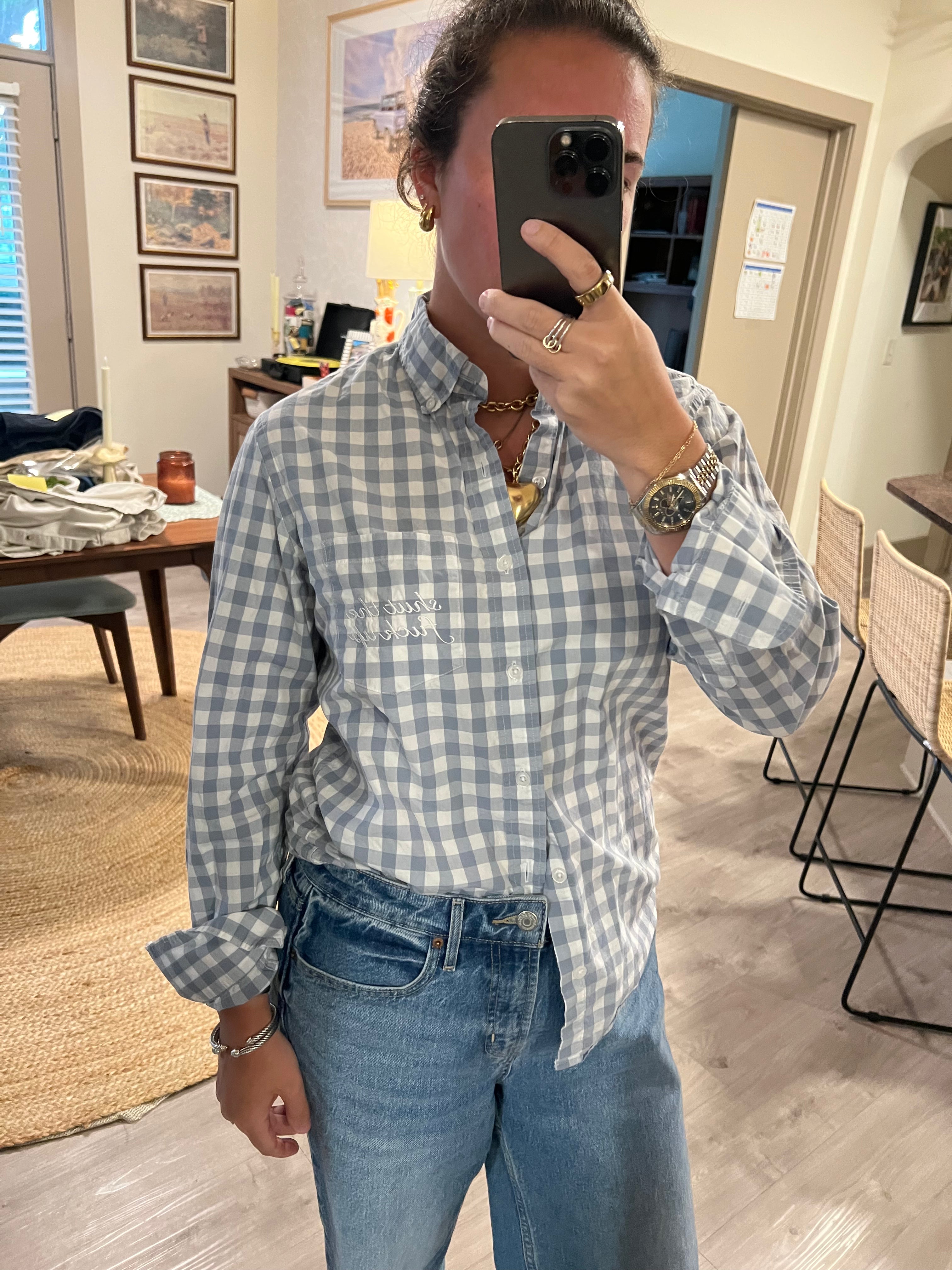 STFU Button Down - Gray Plaid & White- Size S