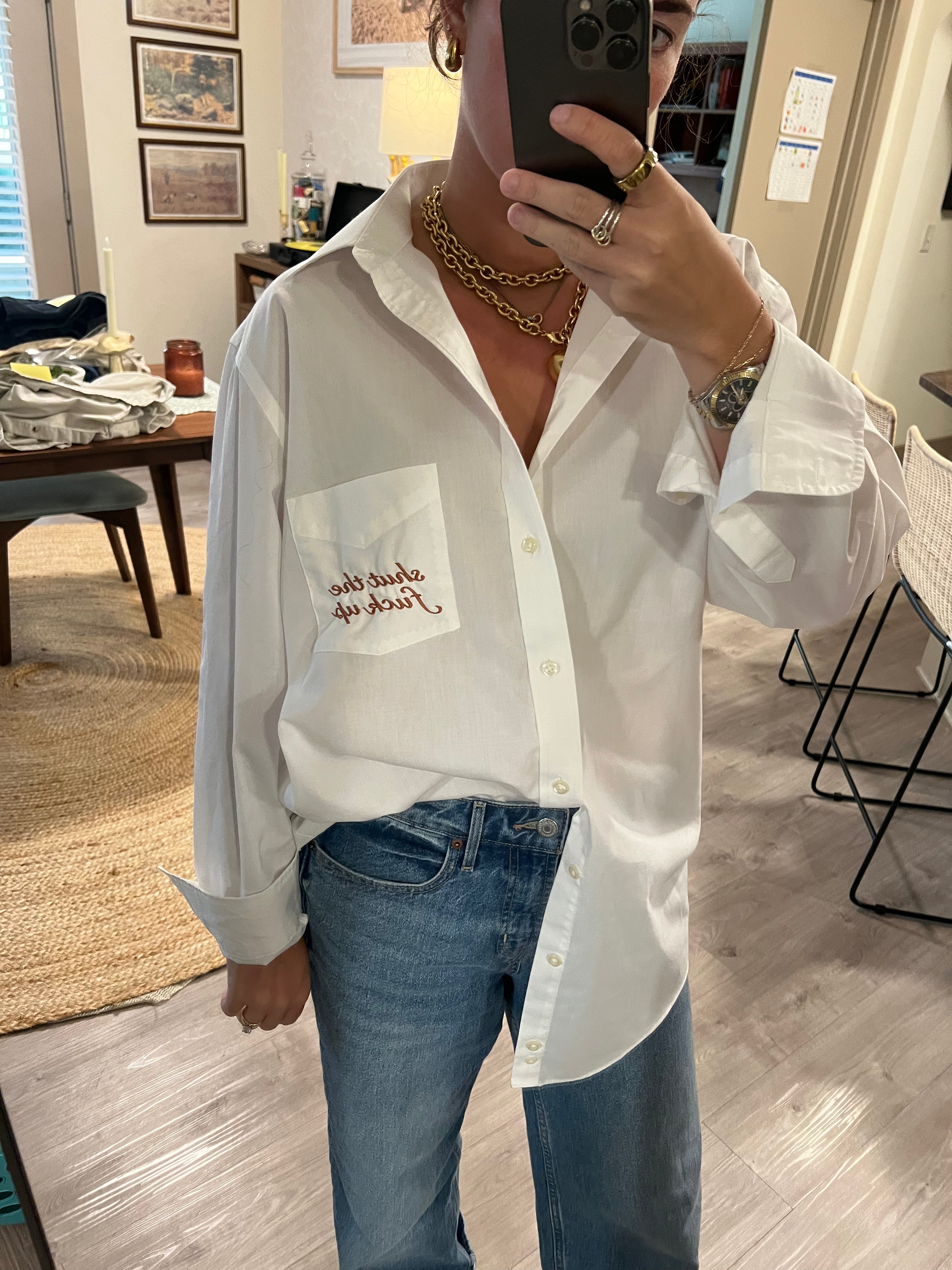 STFU Button Down - White & Bronze- Size XL