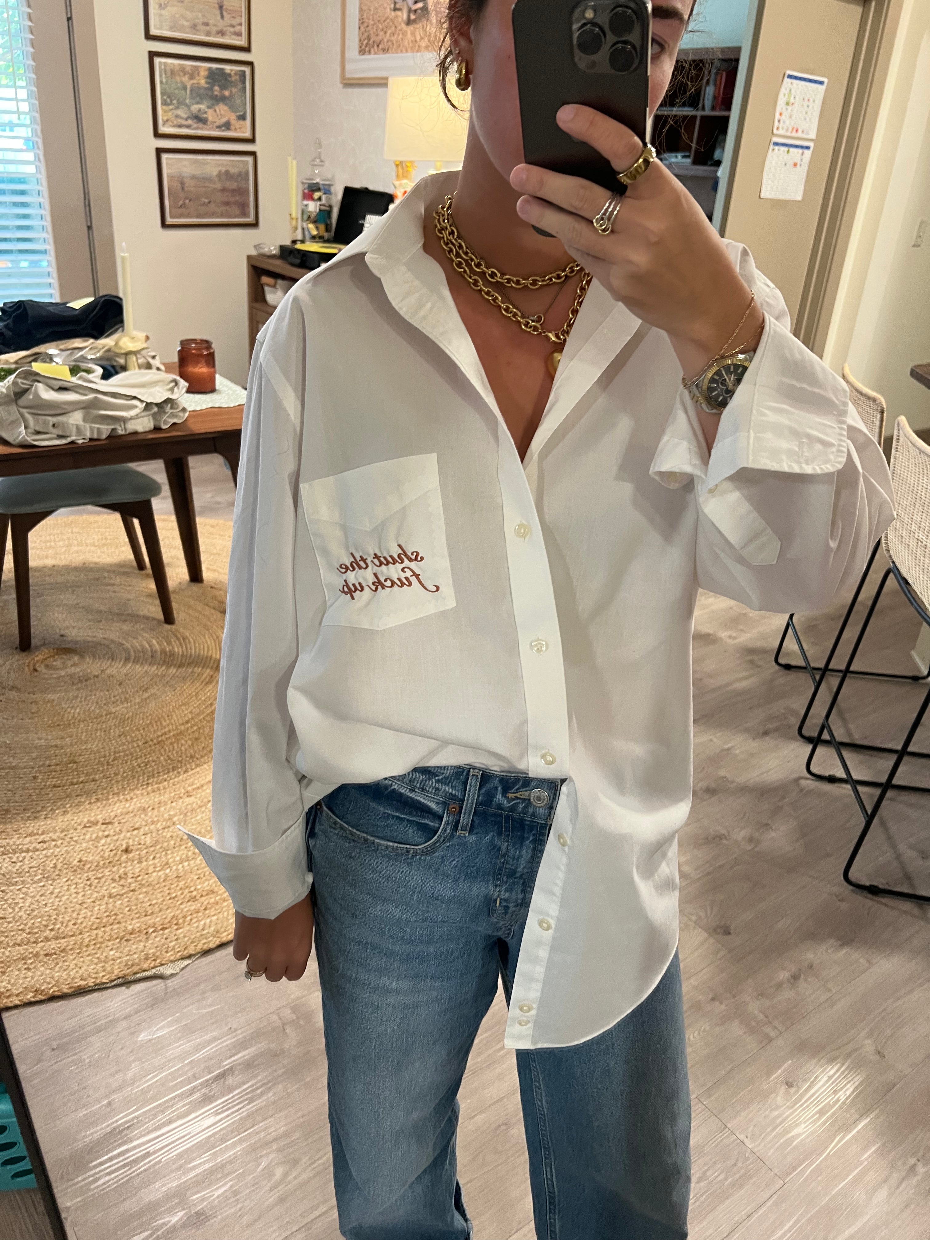 STFU Button Down - White & Bronze- Size XL