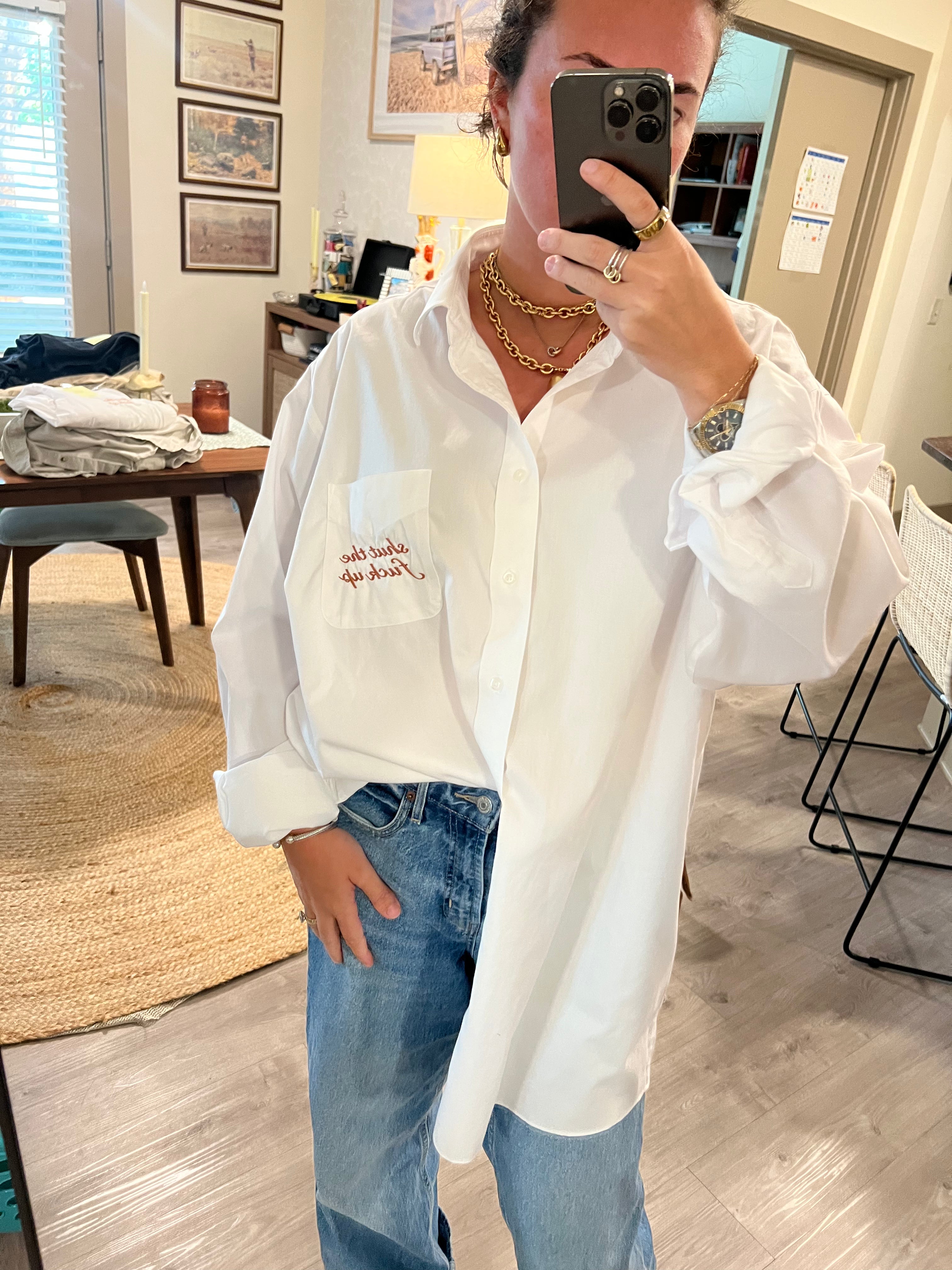 STFU Button Down - White & Bronze - Size 3XL