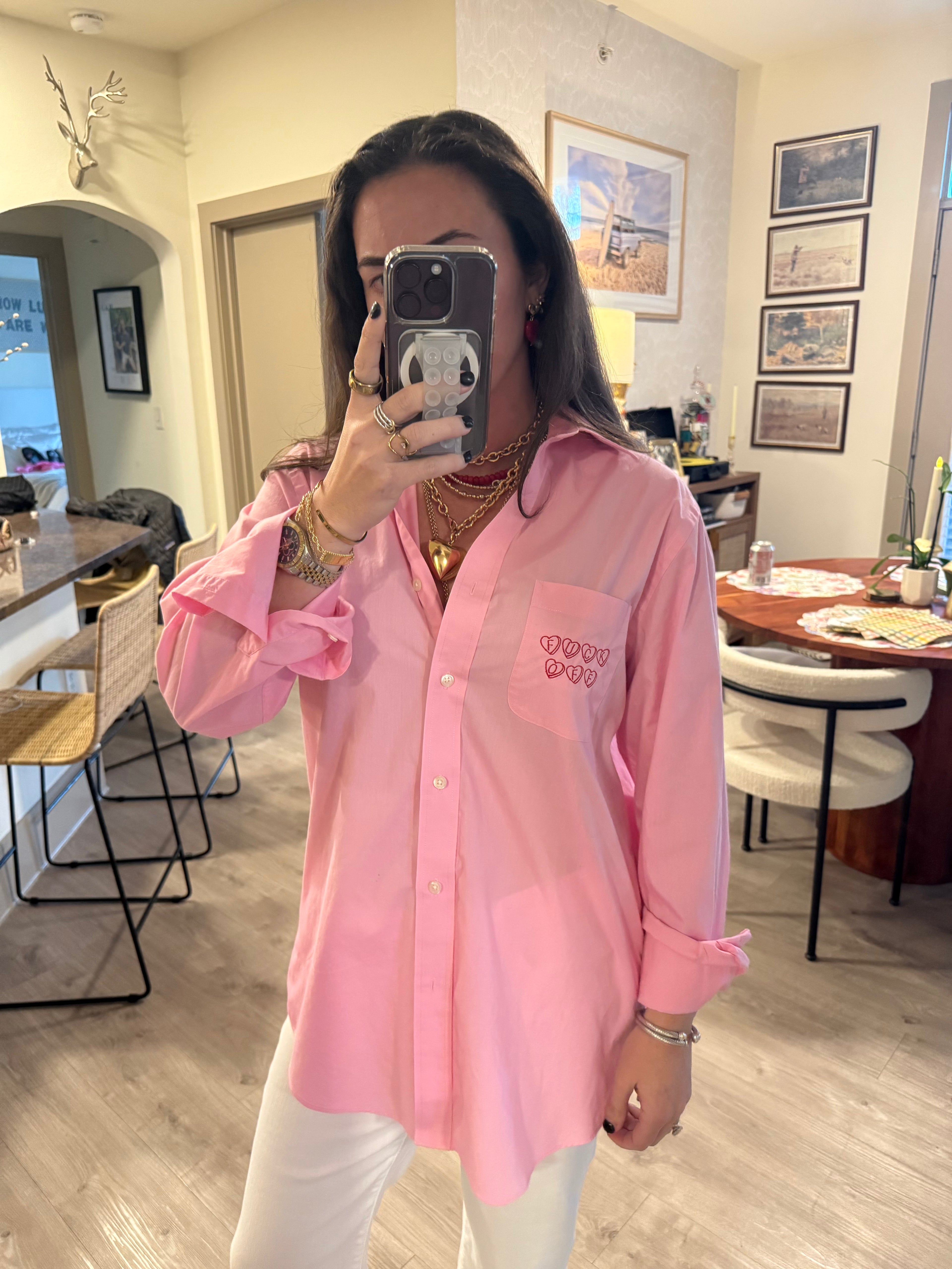 "Fuck Off" Button Down - Pink & Red