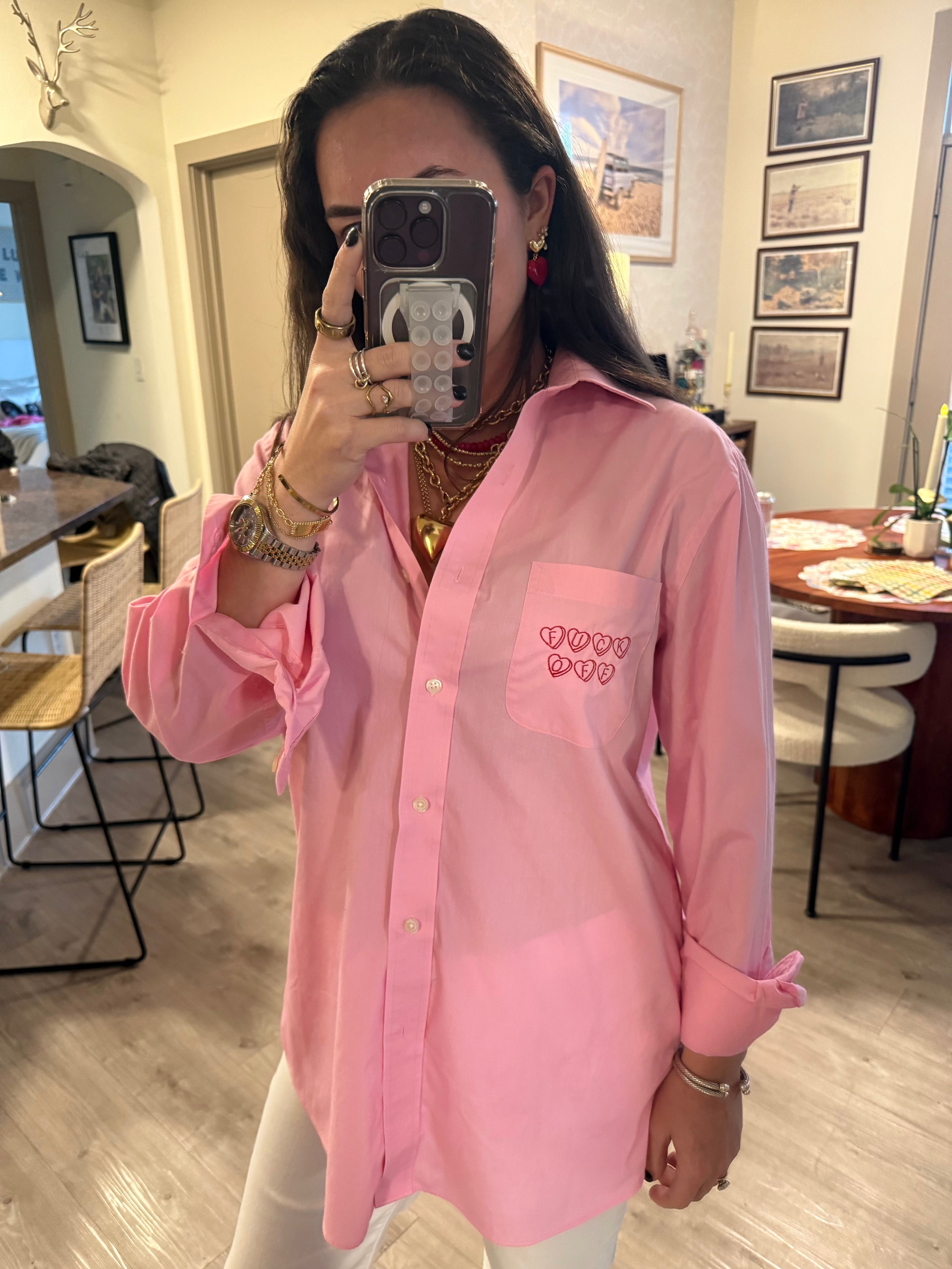 "Fuck Off" Button Down - Pink & Red