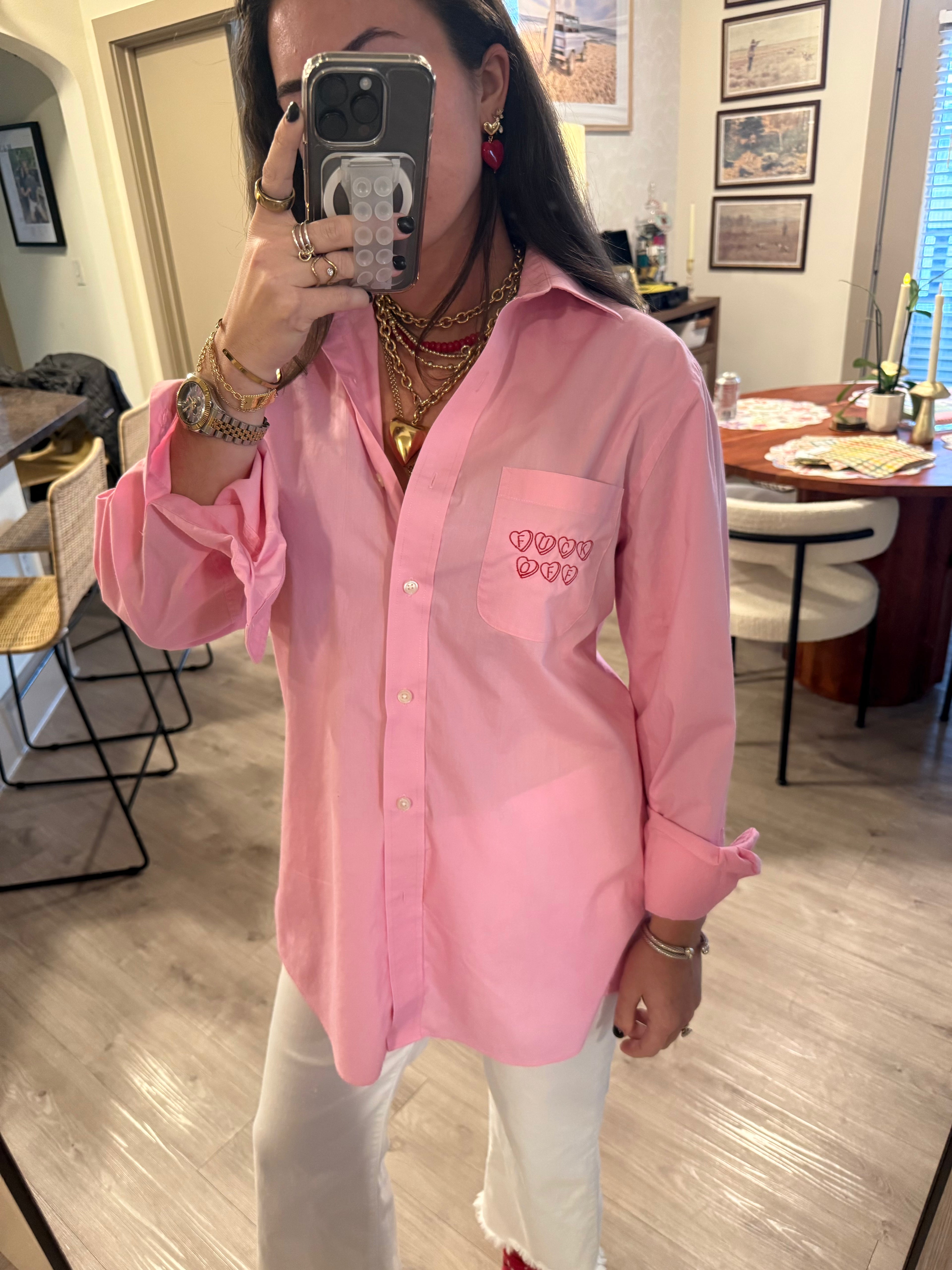 "Fuck Off" Button Down - Pink & Red