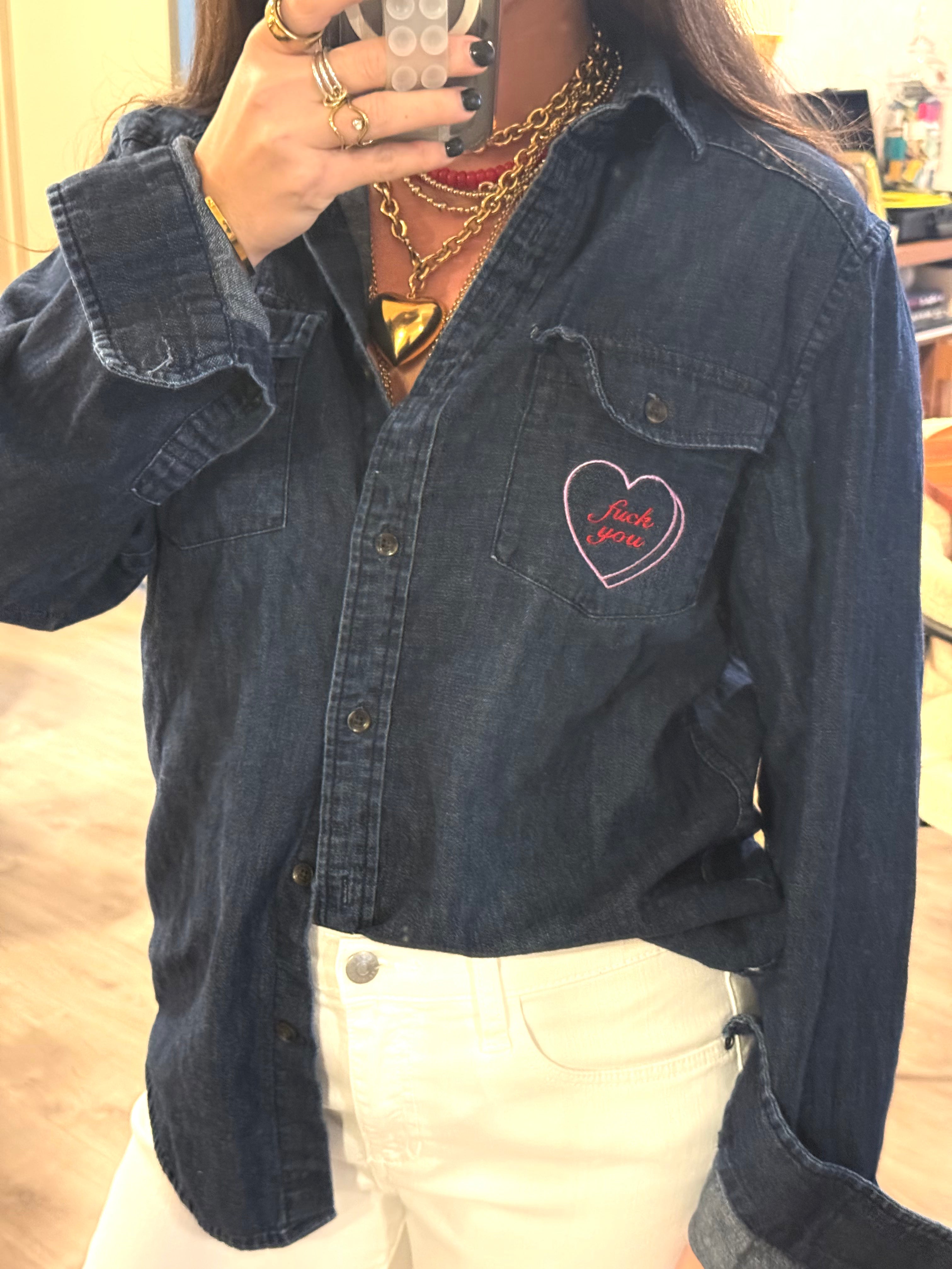 "Fuck You" Button Down - Denim & Purple/Red