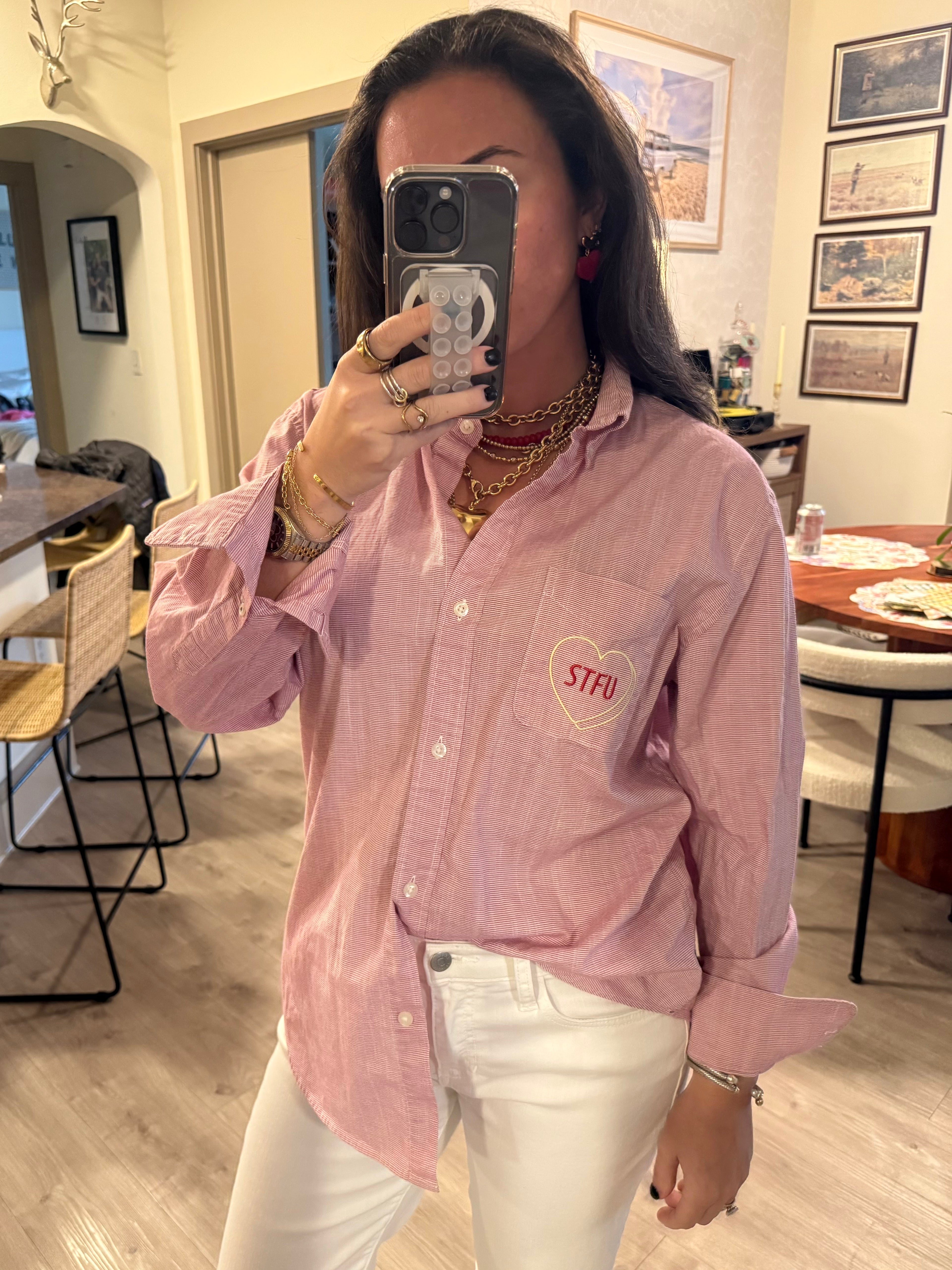 "STFU" Button Down - Red & Yellow/Red