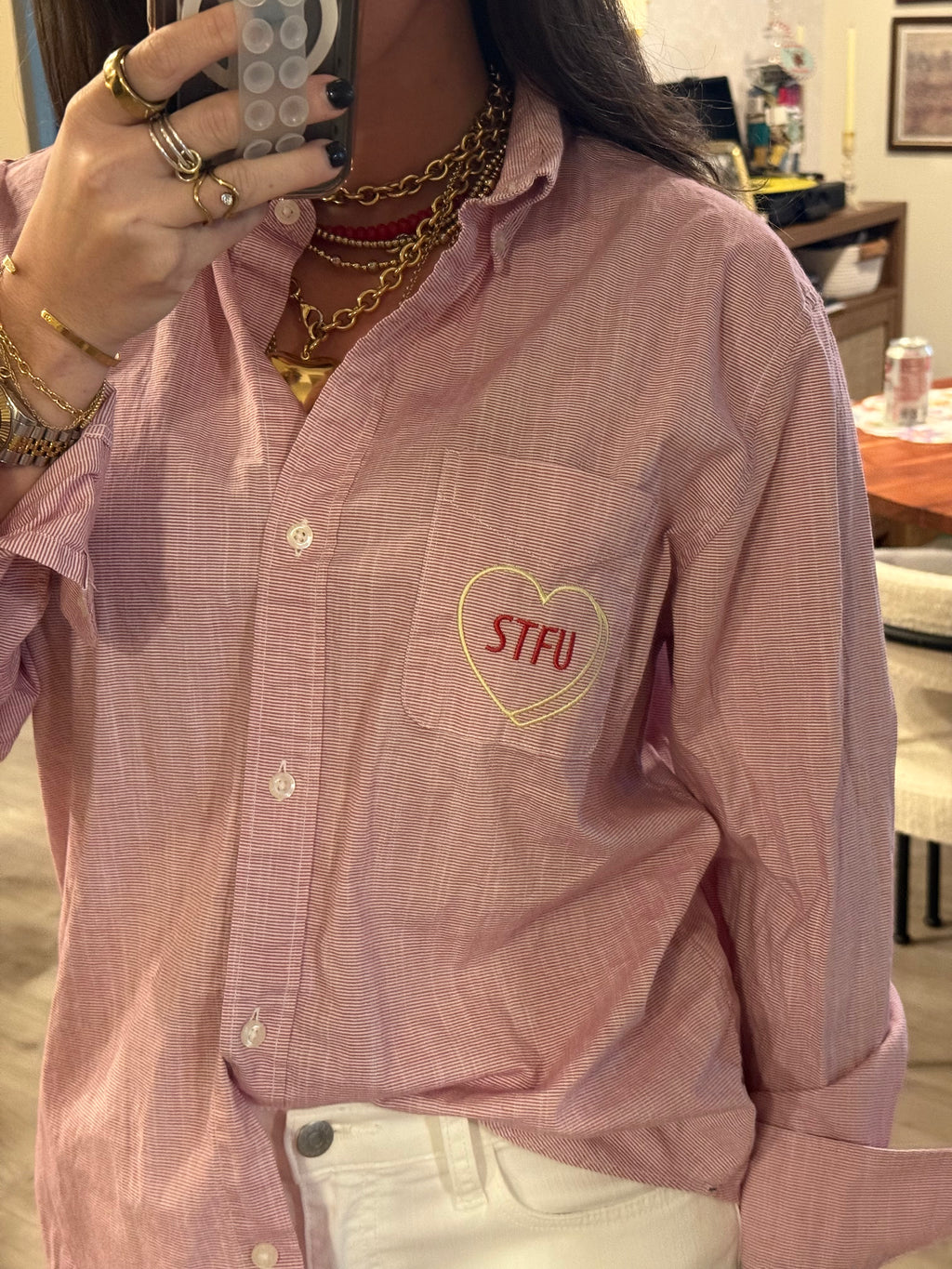 "STFU" Button Down - Red & Yellow/Red