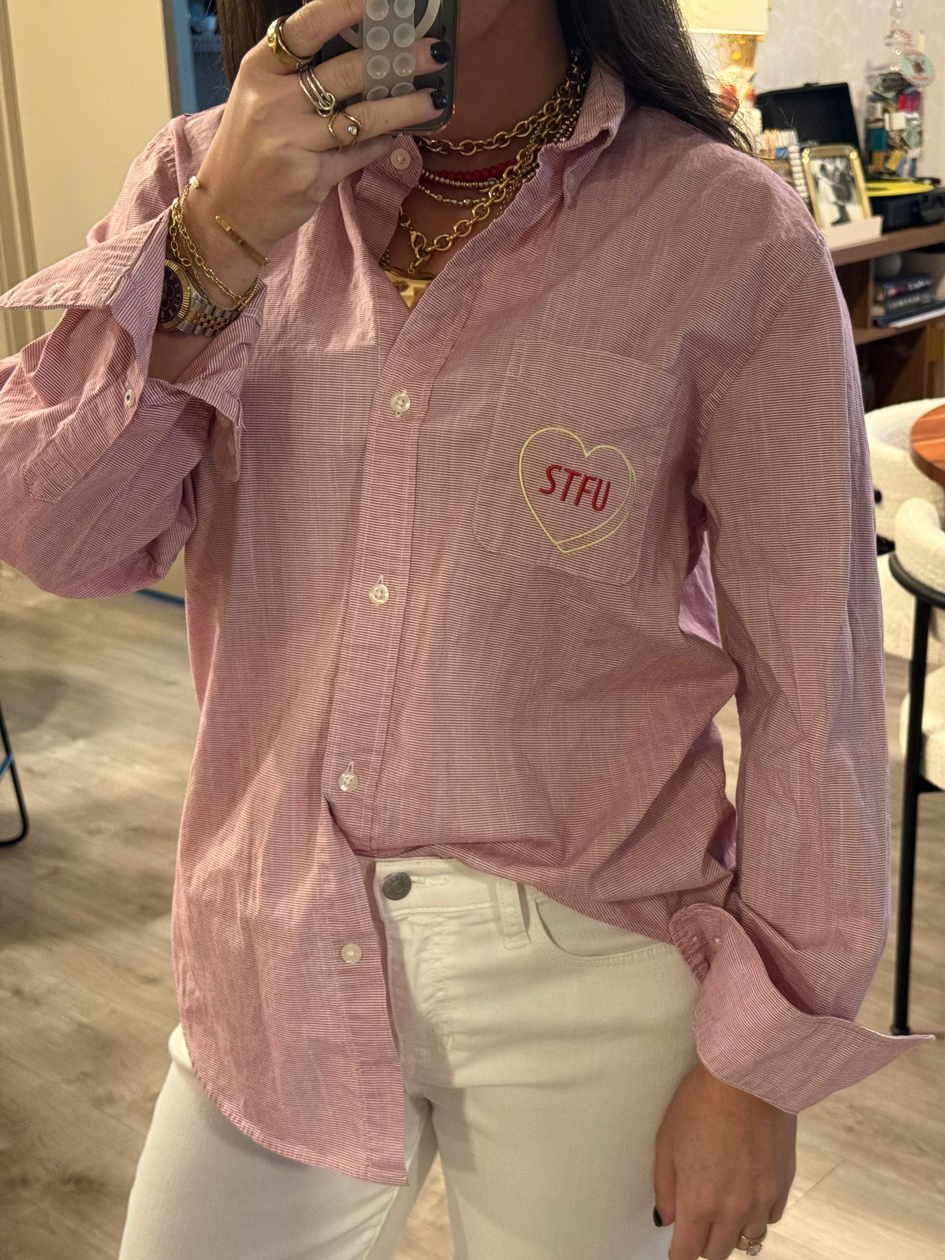 "STFU" Button Down - Red & Yellow/Red