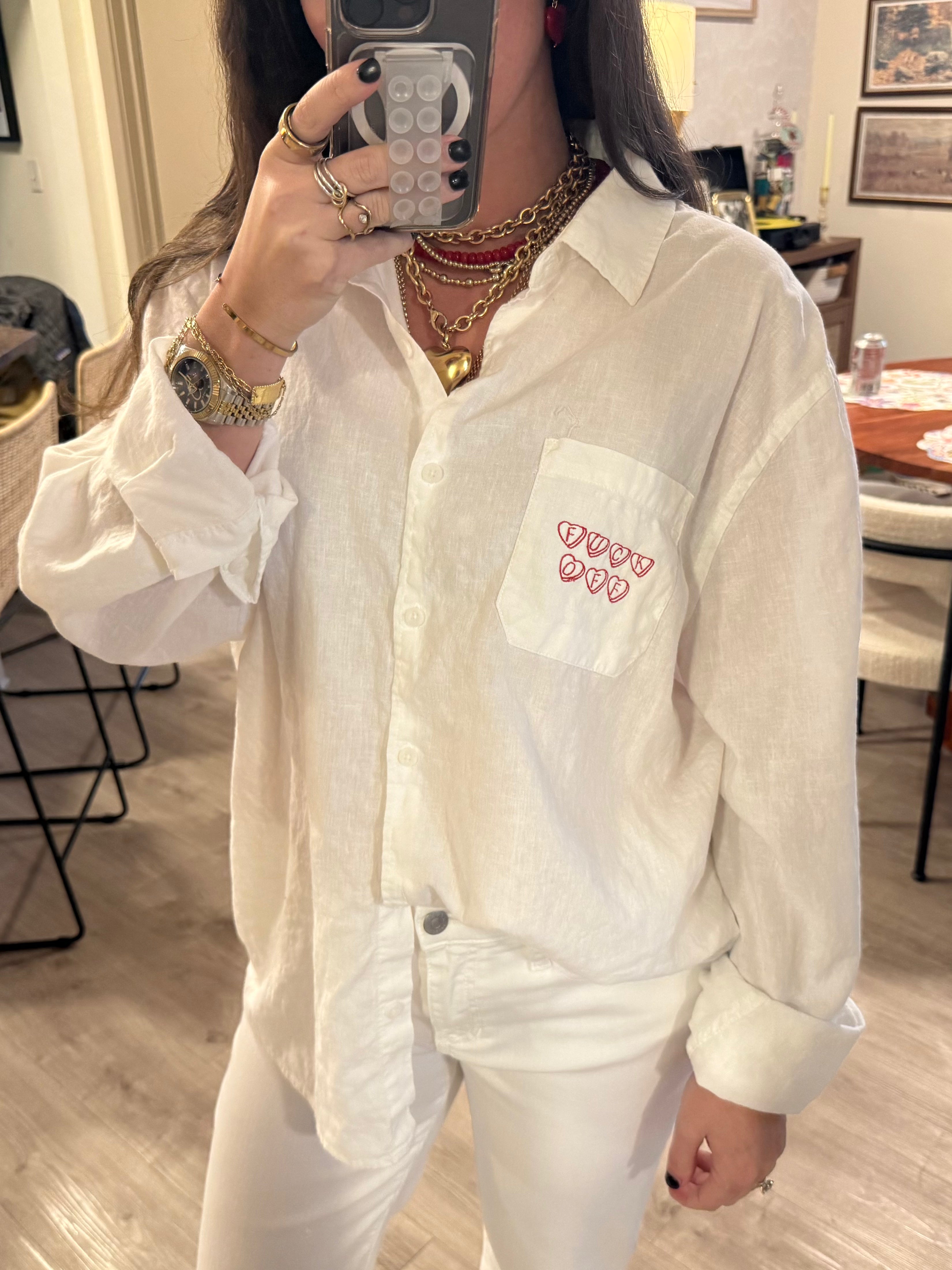 "Fuck Off" Button Down - White & Red