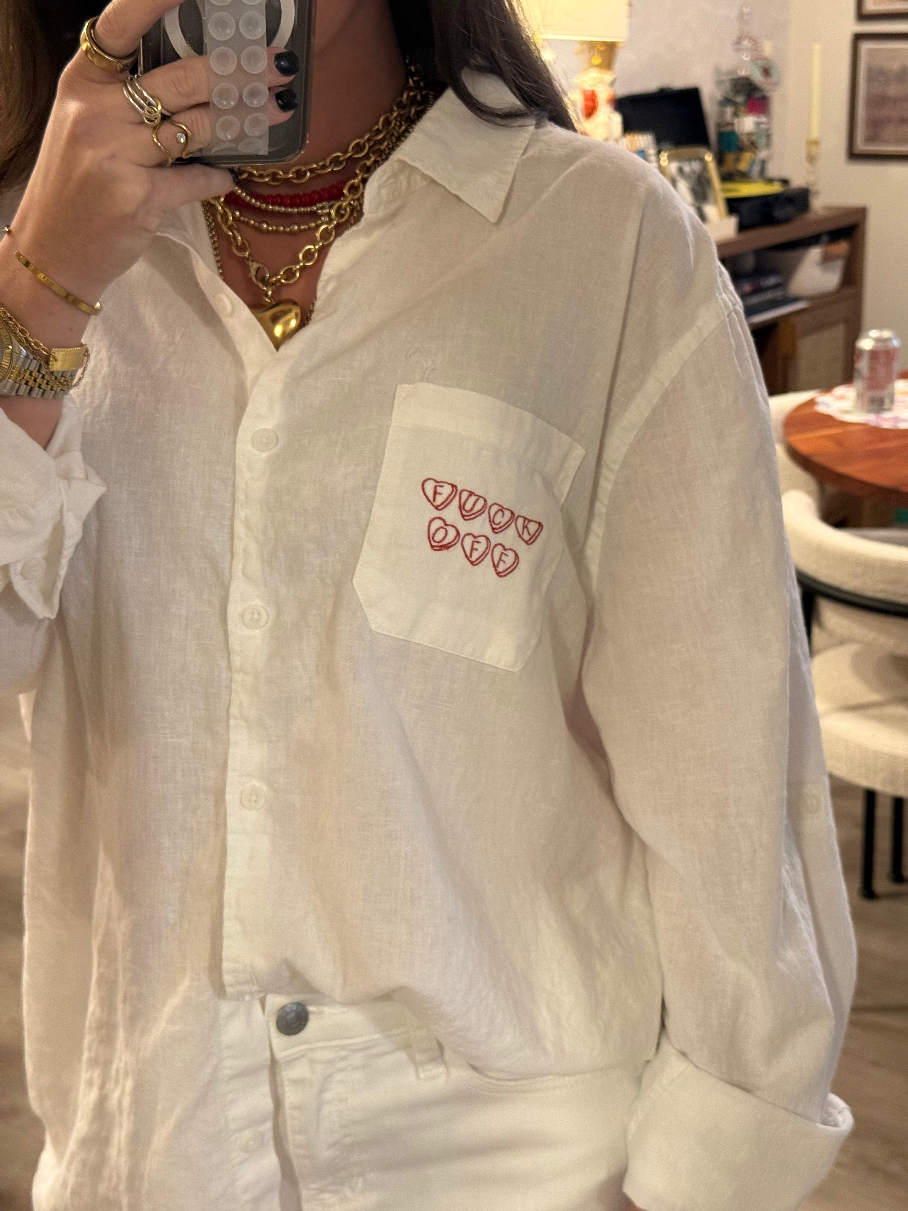 "Fuck Off" Button Down - White & Red