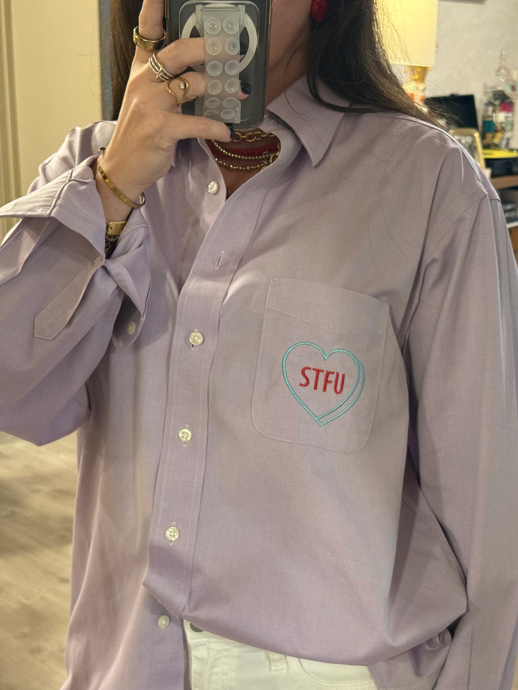 "STFU" Button Down - Purple & Blue/Red