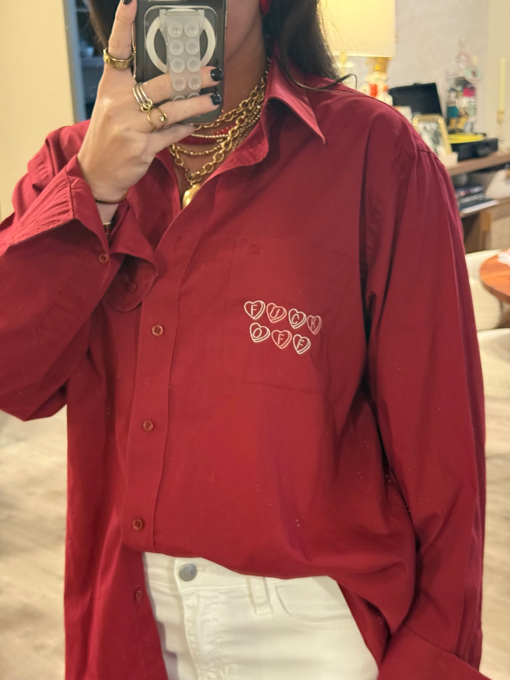 "Fuck Off" Button Down - Red & Pink/White