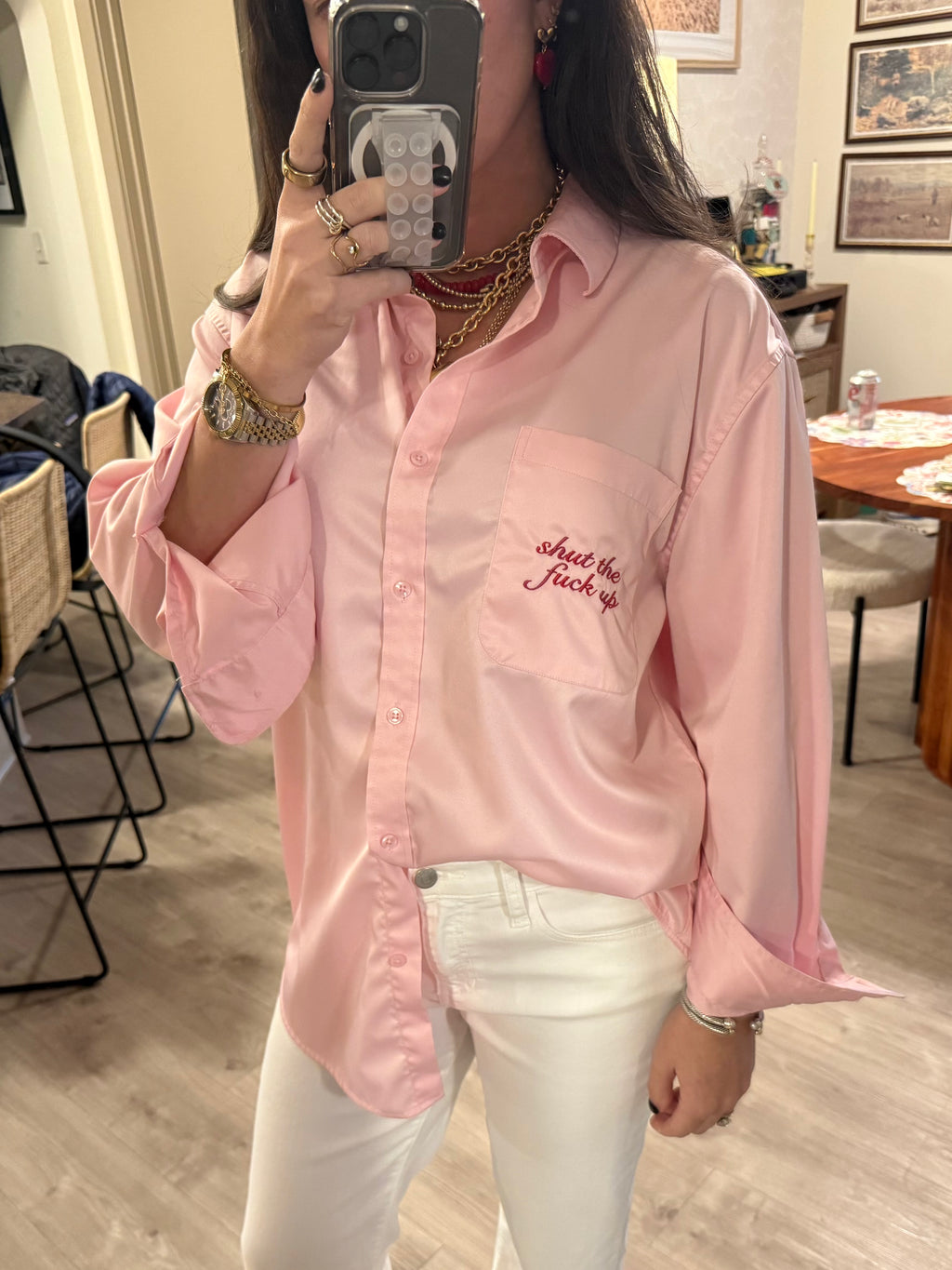 "Shut The Fuck Up" Button Down - Pink Plaid & Red