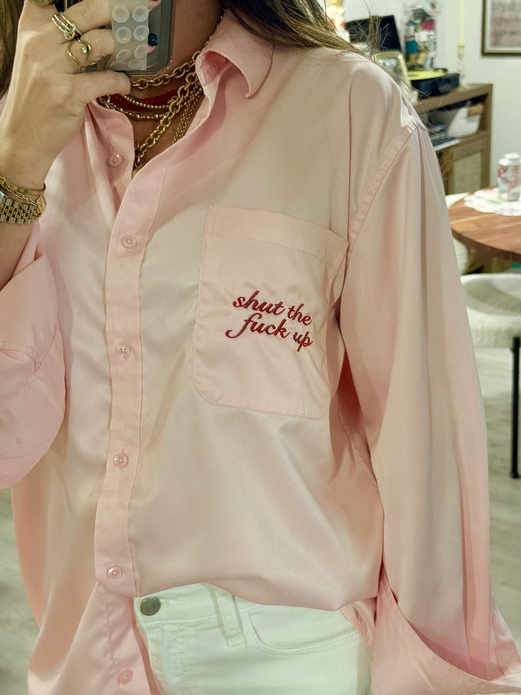 "Shut The Fuck Up" Button Down - Pink Plaid & Red