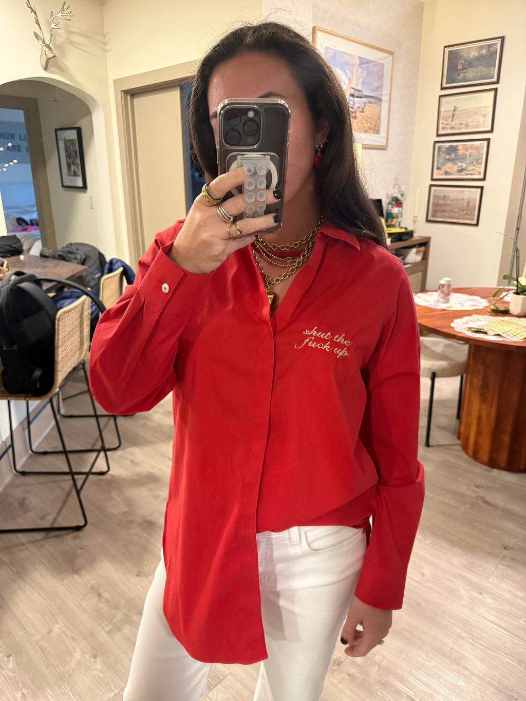 "Shut The Fuck Up" Button Down - Red & Cream