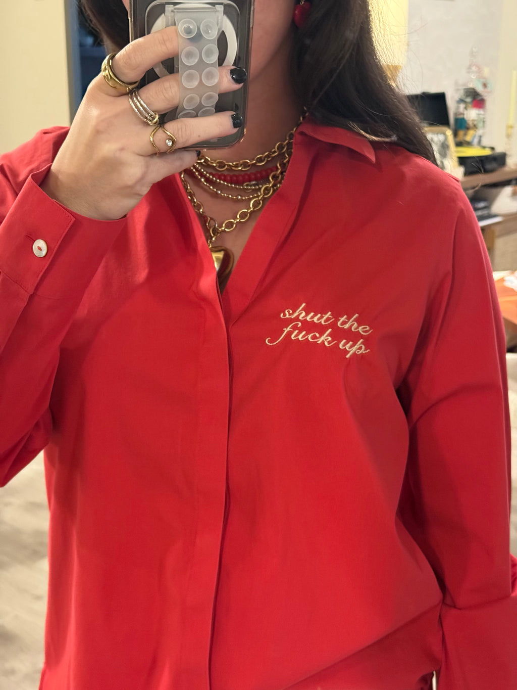"Shut The Fuck Up" Button Down - Red & Cream