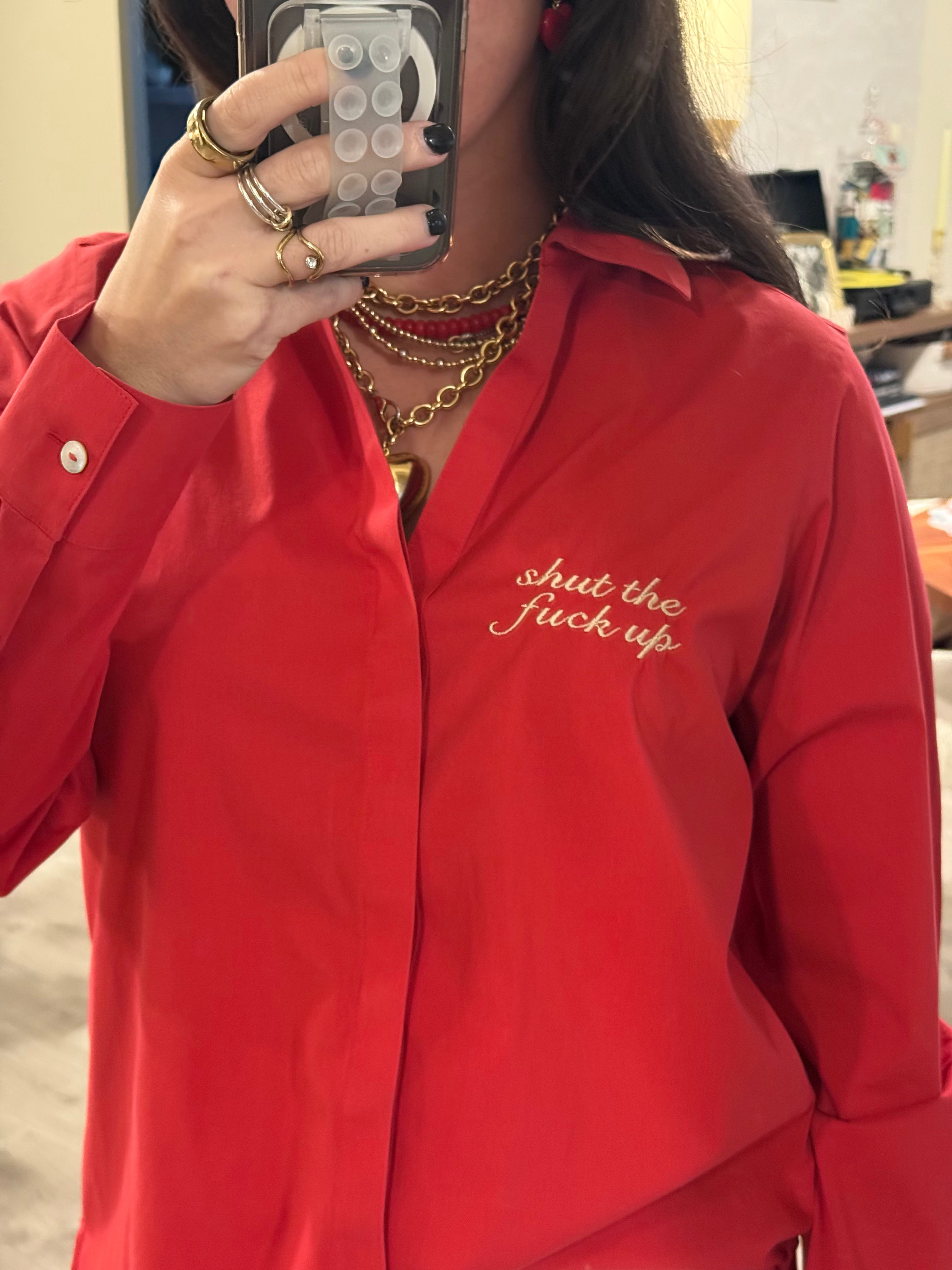 "Shut The Fuck Up" Button Down - Red & Cream