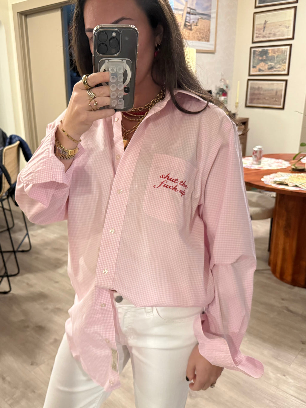 "Shut The Fuck Up" Button Down - Pink Plaid & Red