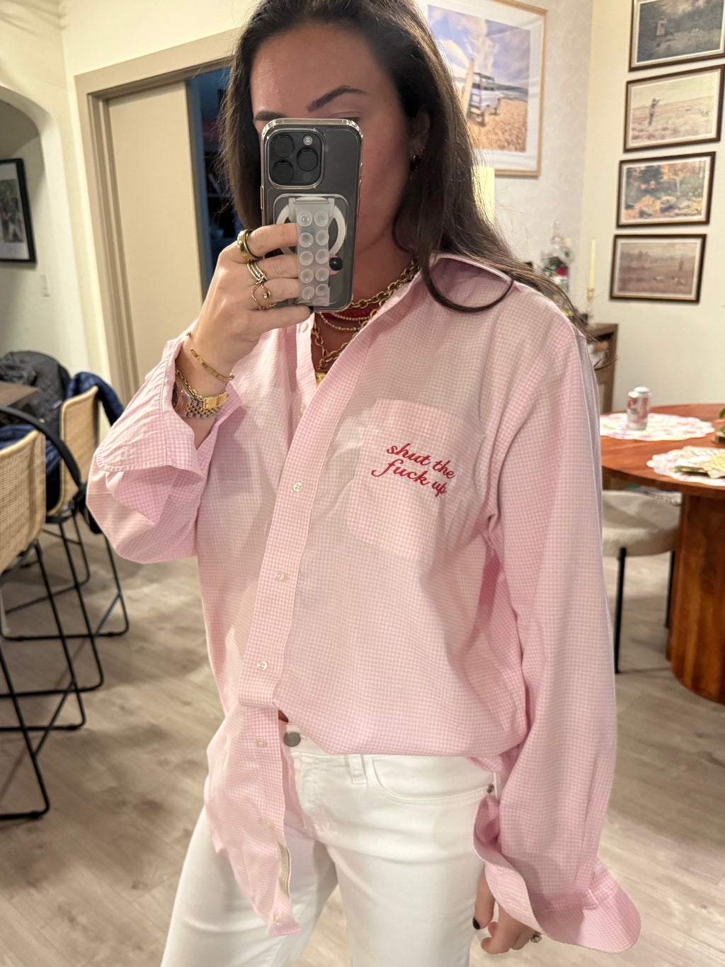 "Shut The Fuck Up" Button Down - Pink Plaid & Red