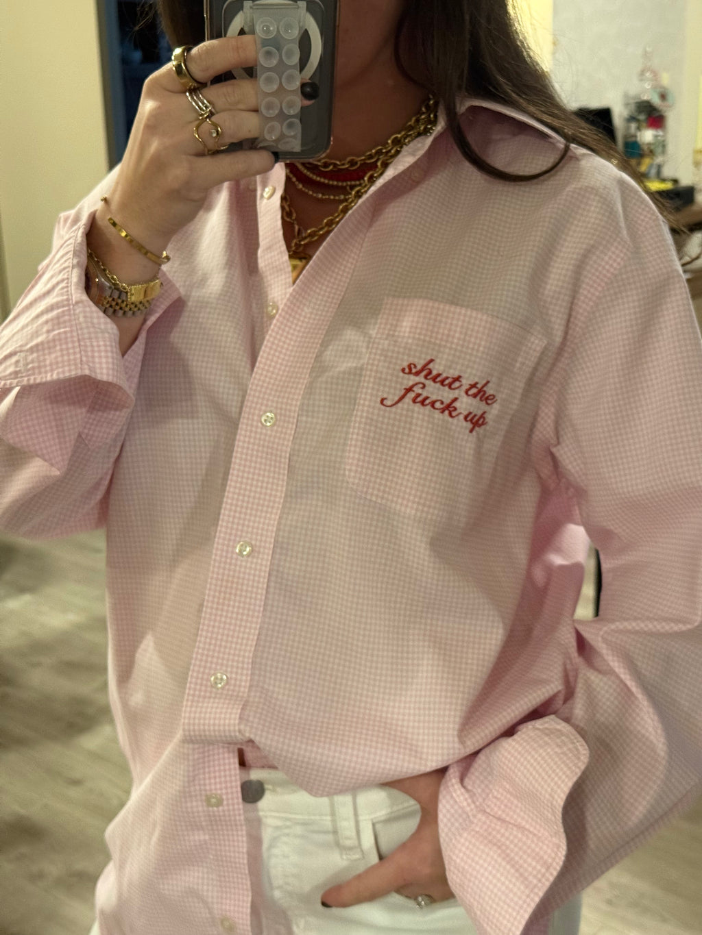 "Shut The Fuck Up" Button Down - Pink Plaid & Red