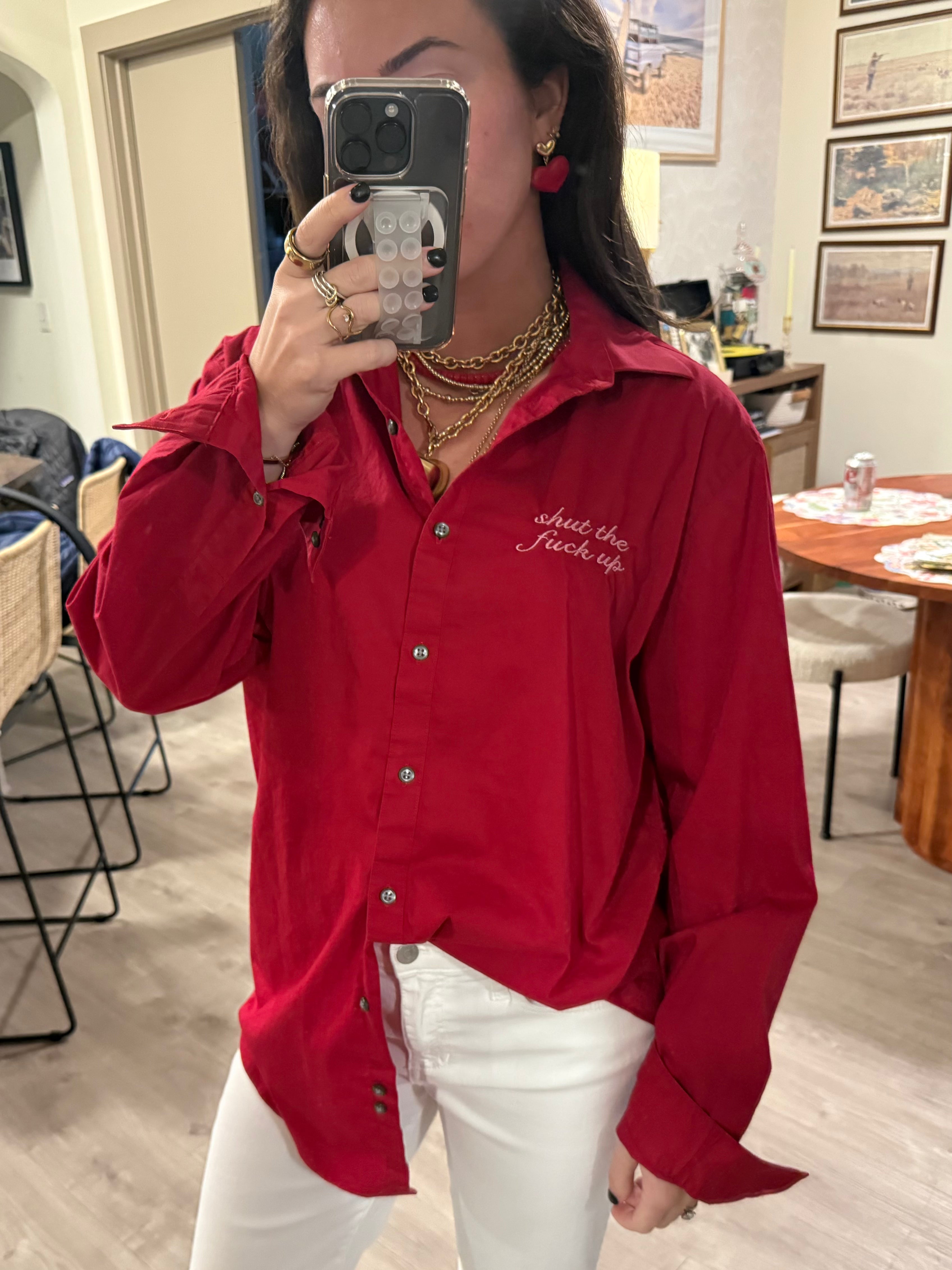 "Shut The Fuck Up" Button Down - Red & Pink