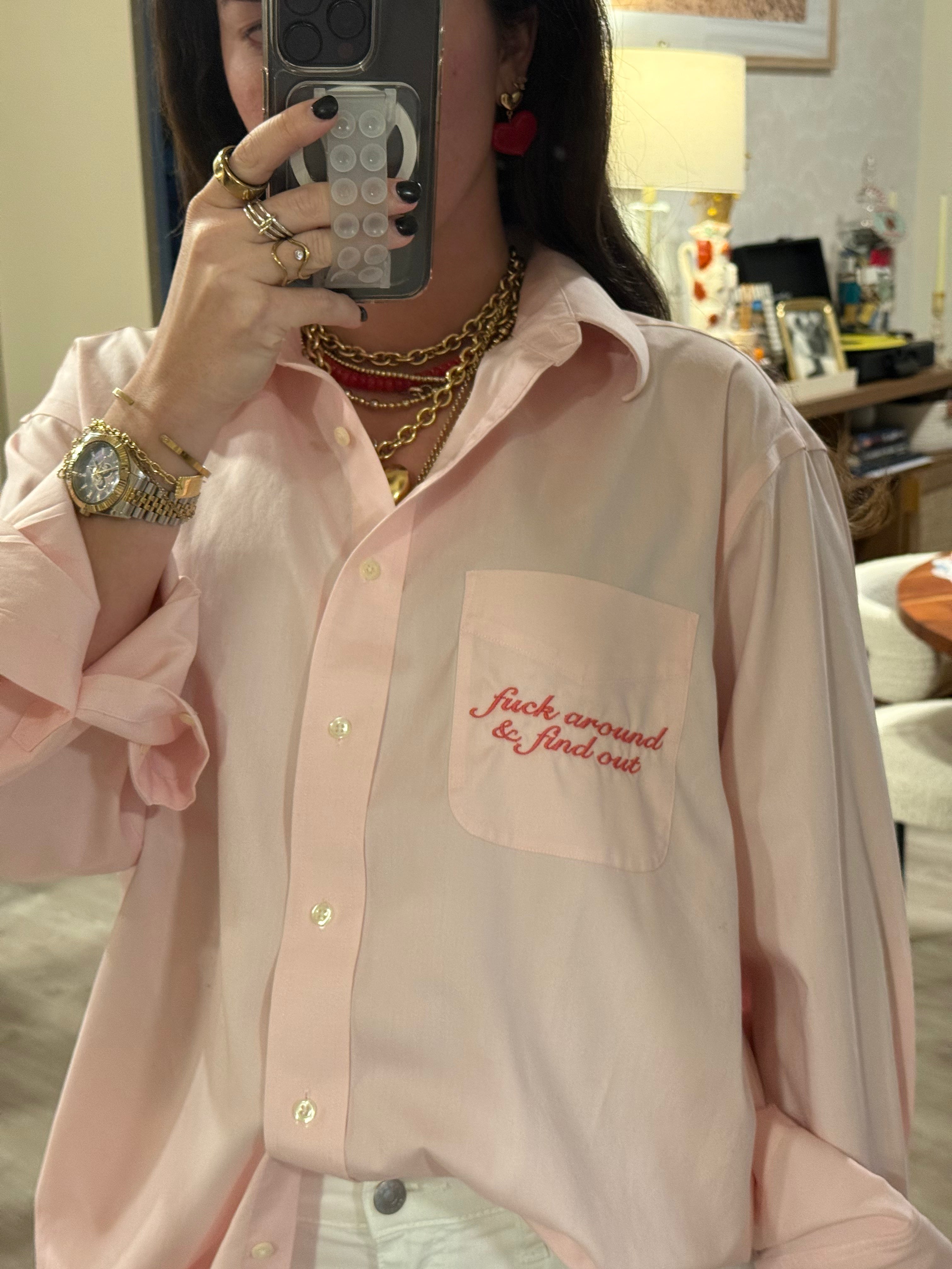 "Fuck Around & Find Out" Button Down - Pink & Pink