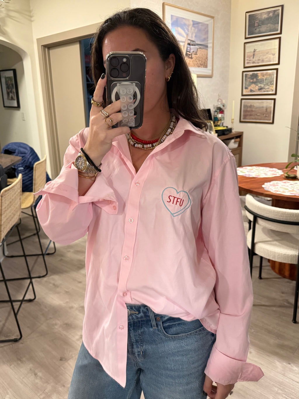 "STFU" Button Down - Pink & Blue/Red