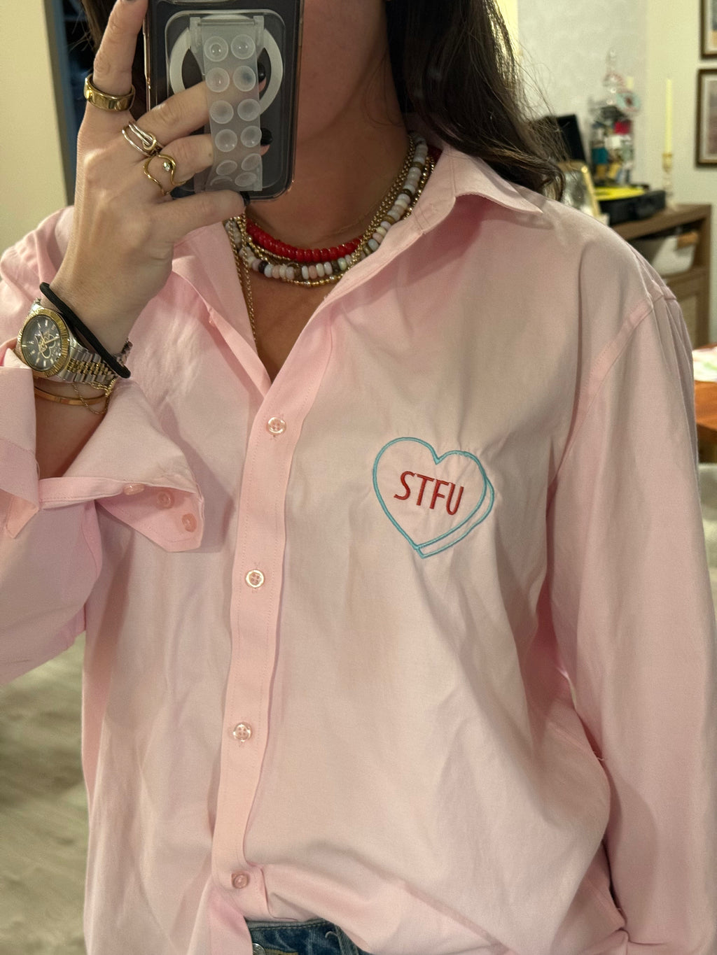 "STFU" Button Down - Pink & Blue/Red
