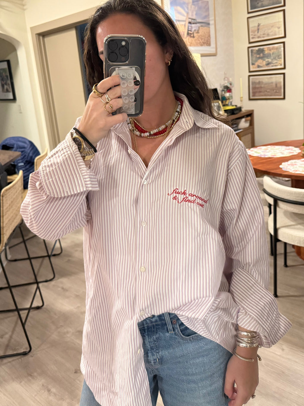 "Fuck Around & Find Out" Button Down - Purple Stripes & Red