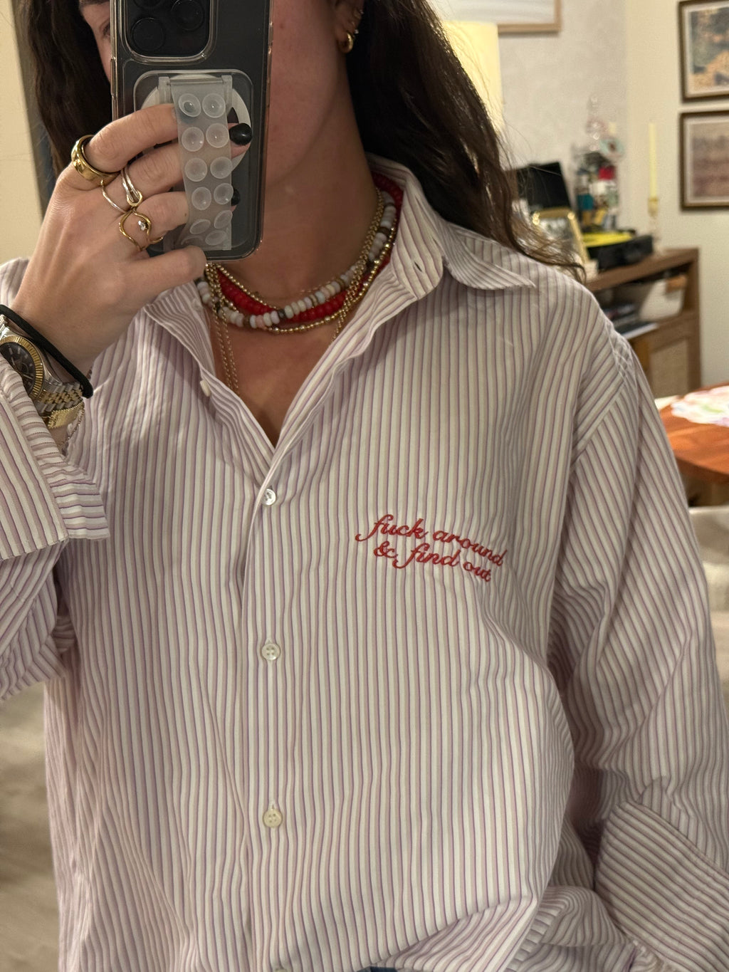 "Fuck Around & Find Out" Button Down - Purple Stripes & Red