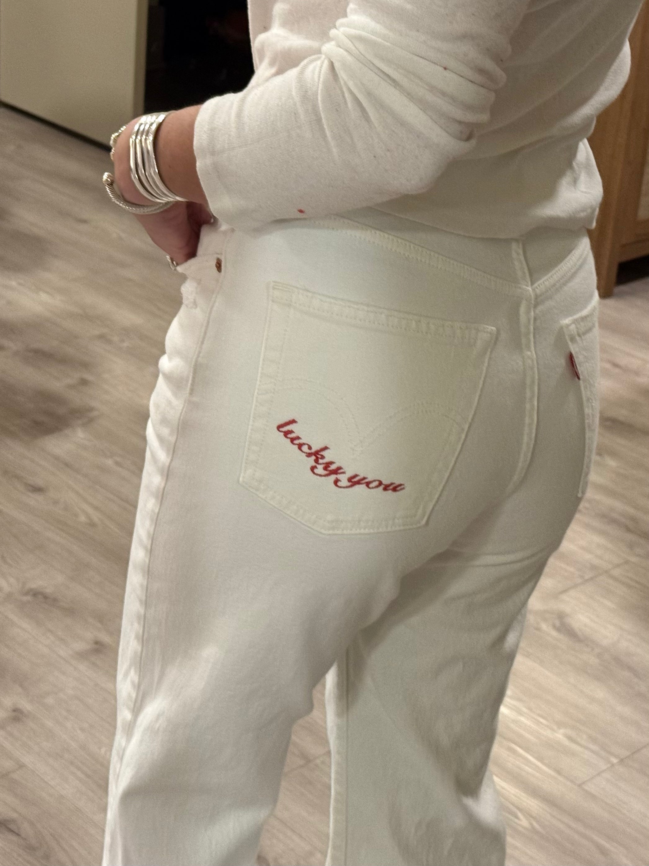 "Lucky You" Jeans - White & Red