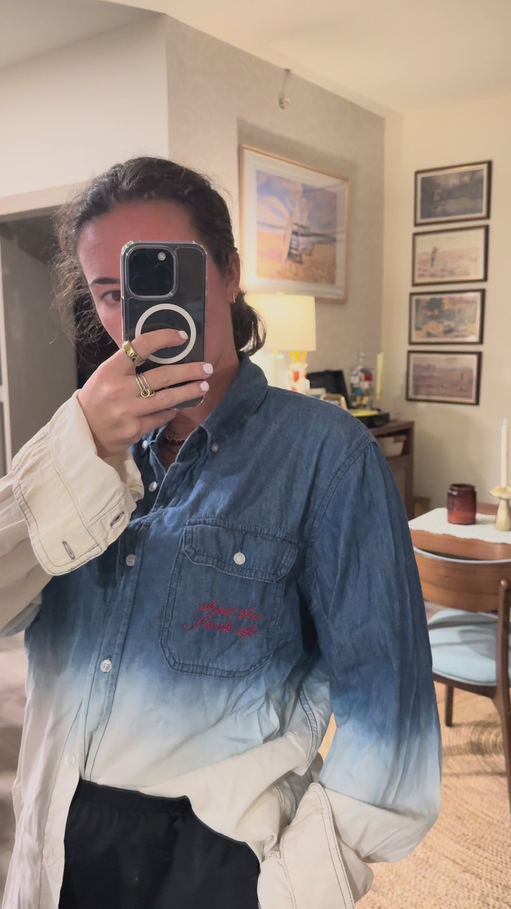 STFU Button Down - Denim Ombre & Red